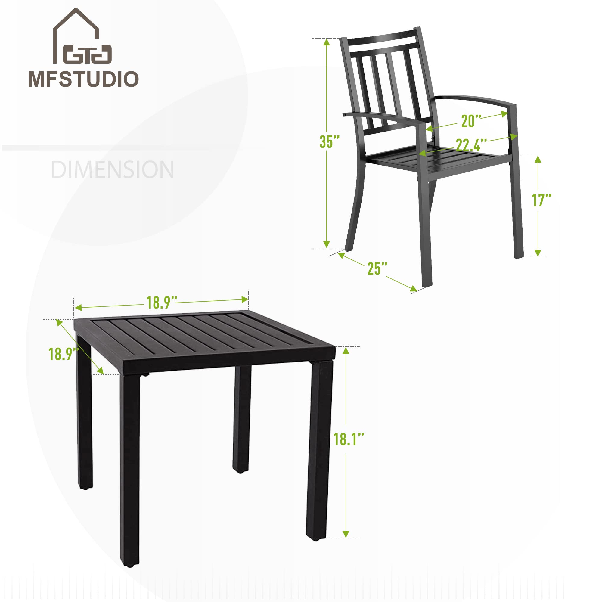 MFSTUDIO 3-Piece Outdoor Patio Furniture Set - Modern Black Metal Bistro Table and Chairs with Wrought Iron Design - Perfect for Garden, Backyard, Balcony or Cafe Outdoor Dining