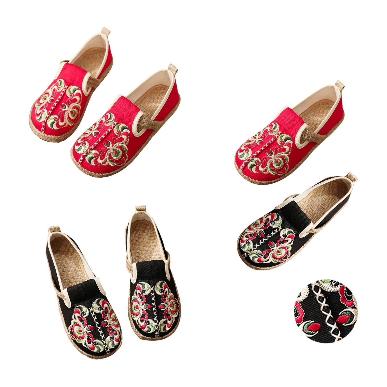 Women's Floral Embroidered Slip-On Loafers - Vintage Ethnic Weave Flat Shoes - Soft, Comfortable & Breathable for Casual Wear, Work & Travel