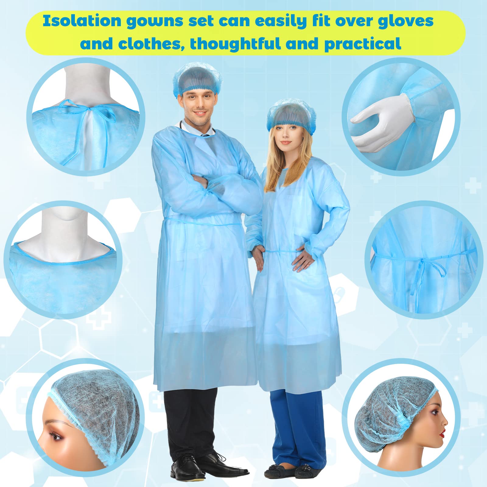 Xuhal 300 Pack Disposable Isolation Gowns - Bulk PPE Gowns with Fully Closed Design & Double Tie Back Elastic Cuffs for Home, Labs, Dental, Beauty Salons, Tattoo Studios - Unisex Blue Protective Wear for Safety & Hygiene