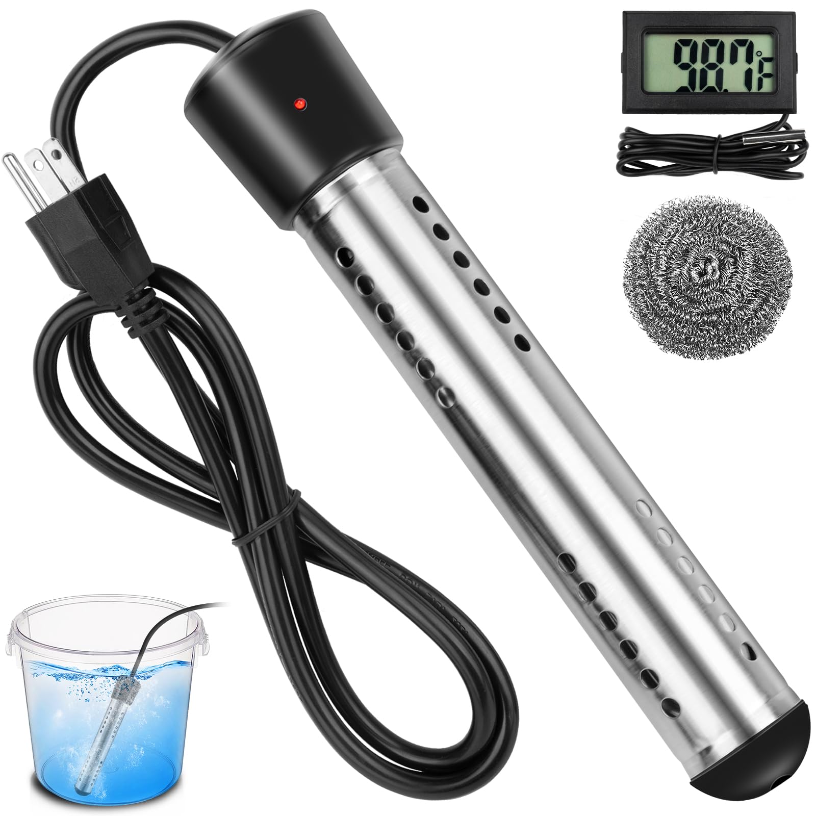 2000W Fast Heating Immersion Water Heater - Portable Electric Bucket Heater with Digital LCD Thermometer & 304 Stainless Steel Guard - Boils 5 Gallons in Minutes - Perfect for Bathtub, Camping, RV, and Emergency Hot Water Needs