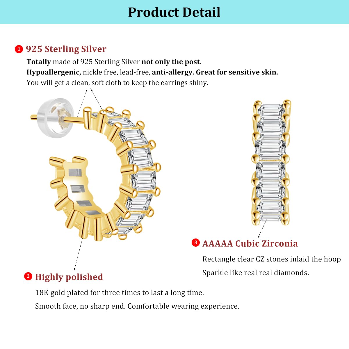 Sparkling Open Hoop Earrings for Women - Sterling Silver C-Shaped Crystal Baguette Earrings with Cubic Zirconia (10mm Diameter) - Perfect for Parties, Weddings & Everyday Elegance