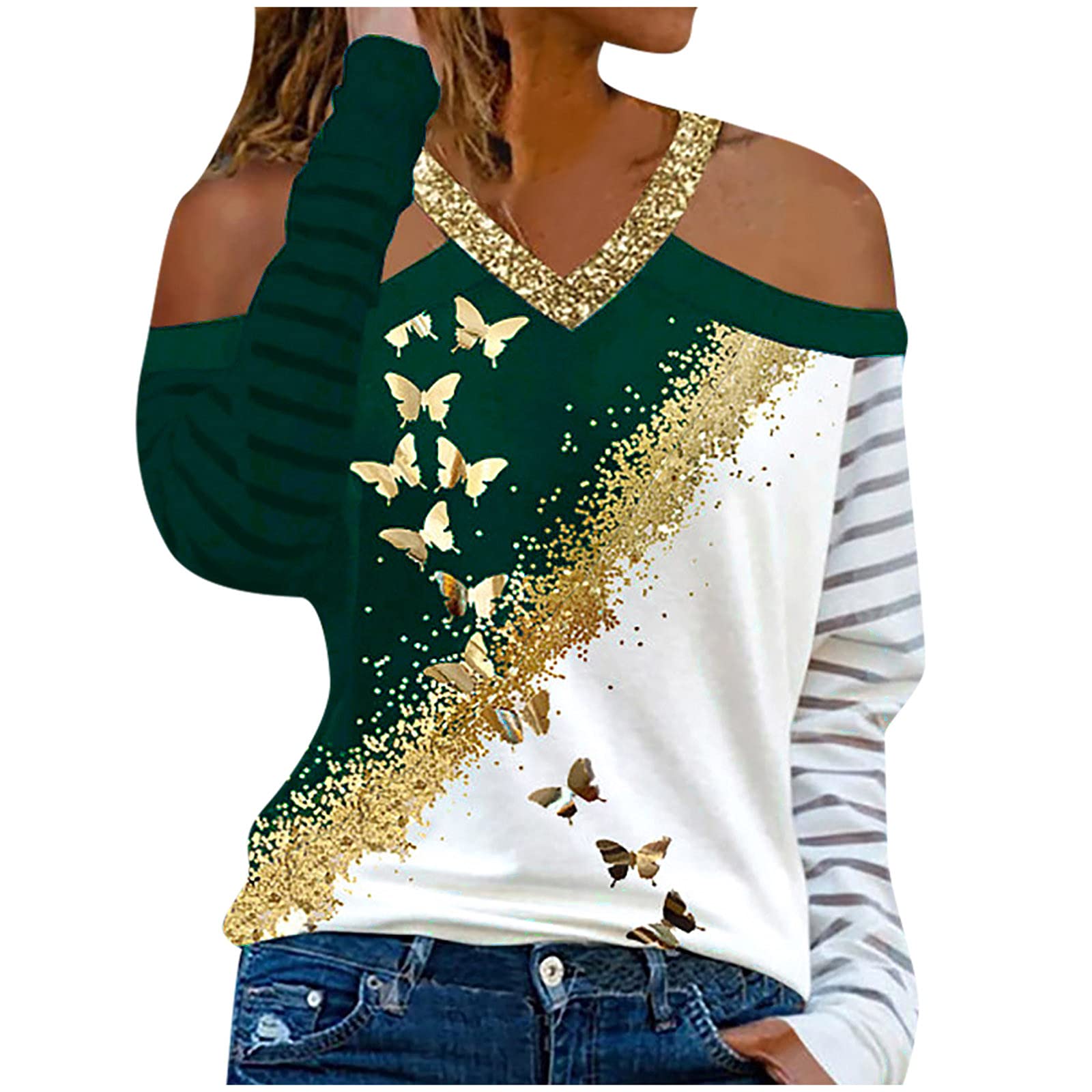 Women's Long Sleeve Cold Shoulder T-Shirt with Butterfly Print & Strap - Halter Neck Casual Blouse for Summer Outfits, Beach Wear & Party Dresses