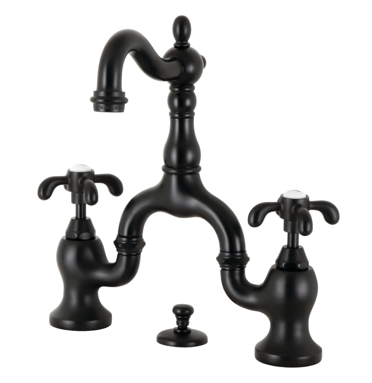 Premium European Bridge Bathroom Faucet with Pop-Up Drain and Spoke Handles - Modern Matte Black Finish for Vanity Sinks, Powder Rooms & Guest Bathrooms