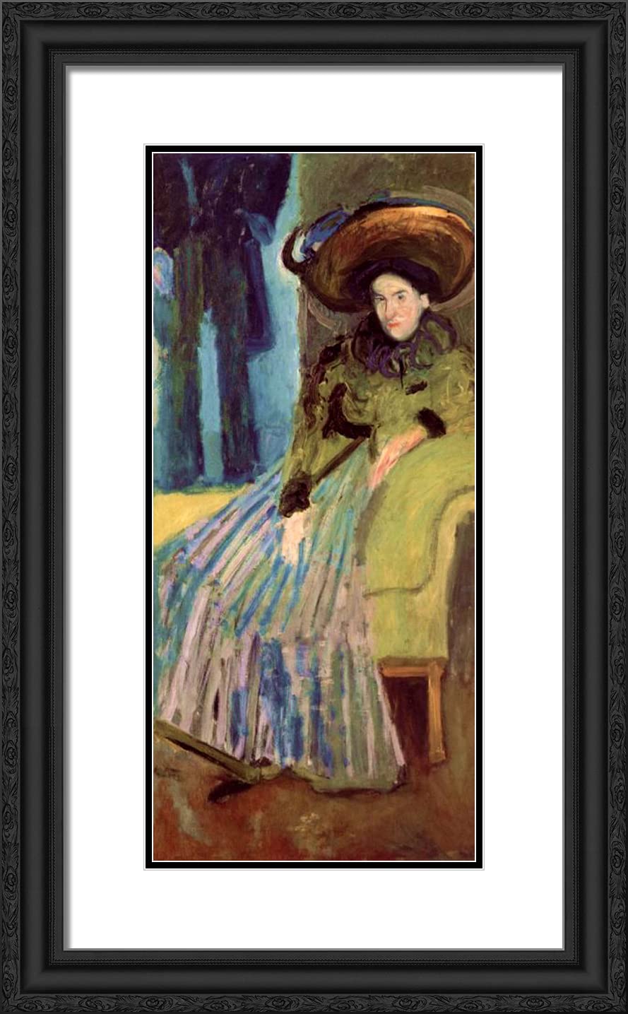 Gerstl Richard 'Seated Woman in Green Dress' 16x24 Inch Black Ornate Framed Art Print with Double Matting - Elegant Wall Decor for Living Room, Bedroom & Office