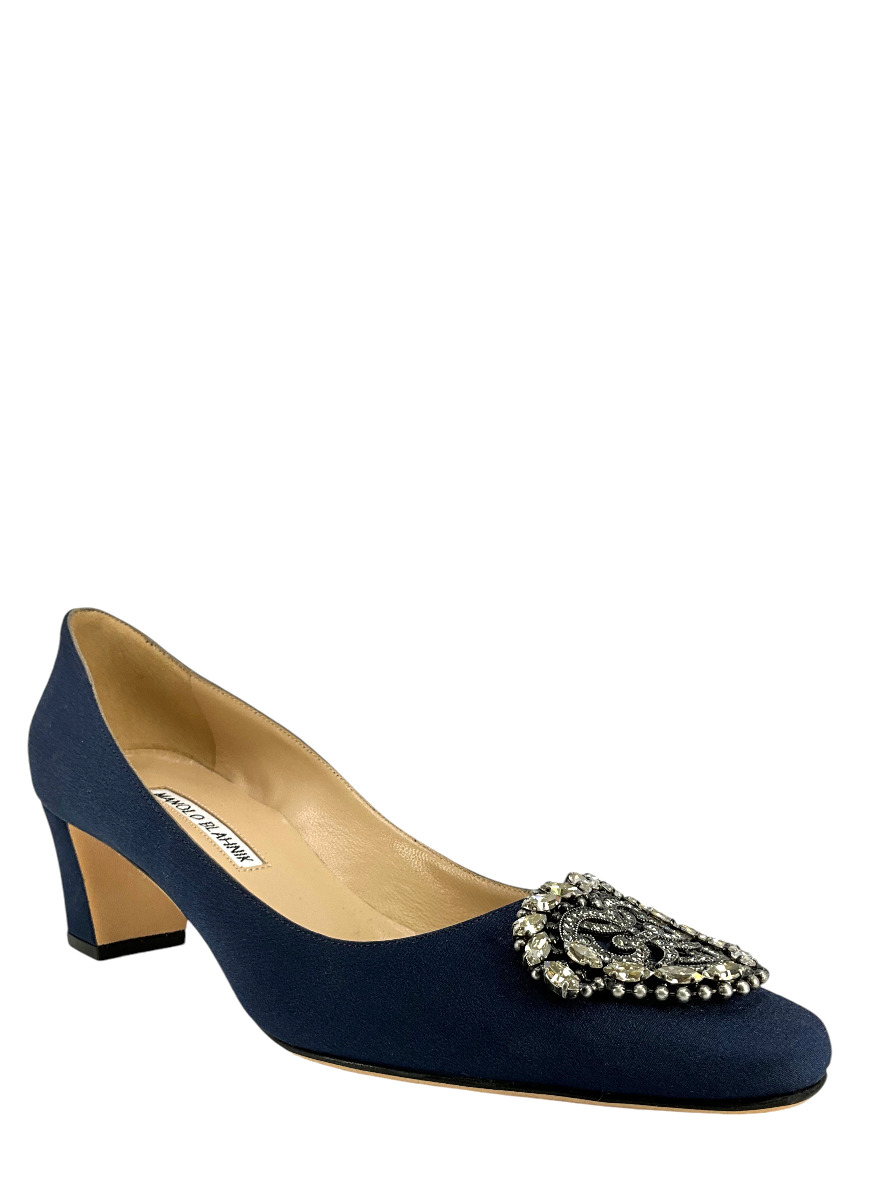 Manolo Blahnik Okkato Low Heel Pumps with Jewel Buckle - Size 7.5 US Women's Shoes | Perfect for Office, Wedding & Evening Events