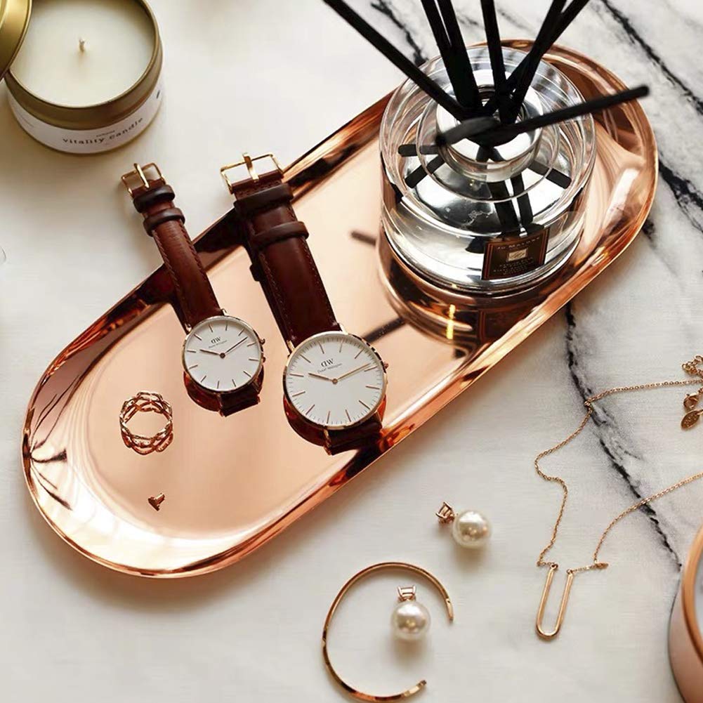 Lemonadeus Oval Tray - Rose Gold Jewelry Organizer, Cosmetic Dish & Fruit Serving Tray (8 Inch) | Perfect for Bathroom Vanity, Dining Table Decor & Earring Storage