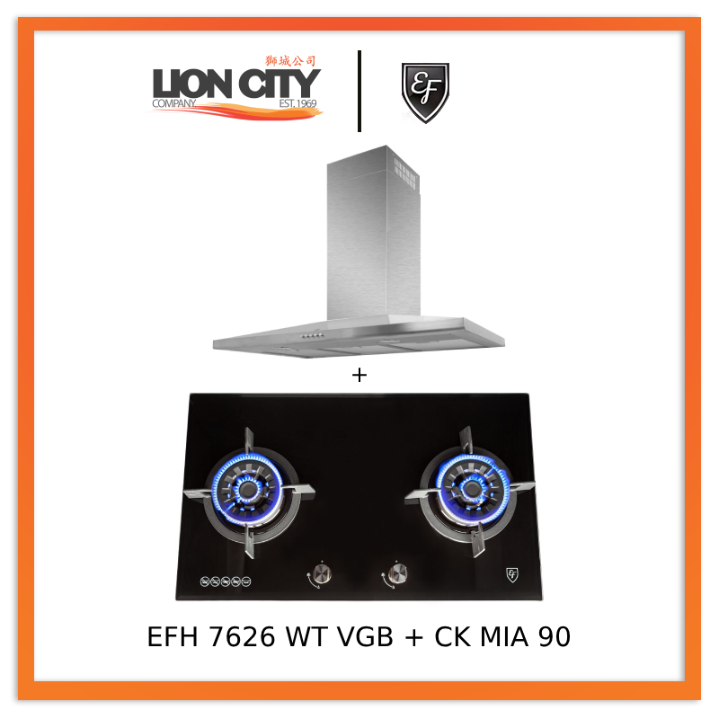 EF CK Mia 90 90cm Stainless Steel Chimney Hood & EF EFH 7626 WT VGB 78cm 2-Burner Gas Built-in Hob - Professional Kitchen Cooking Solution for Home Chefs