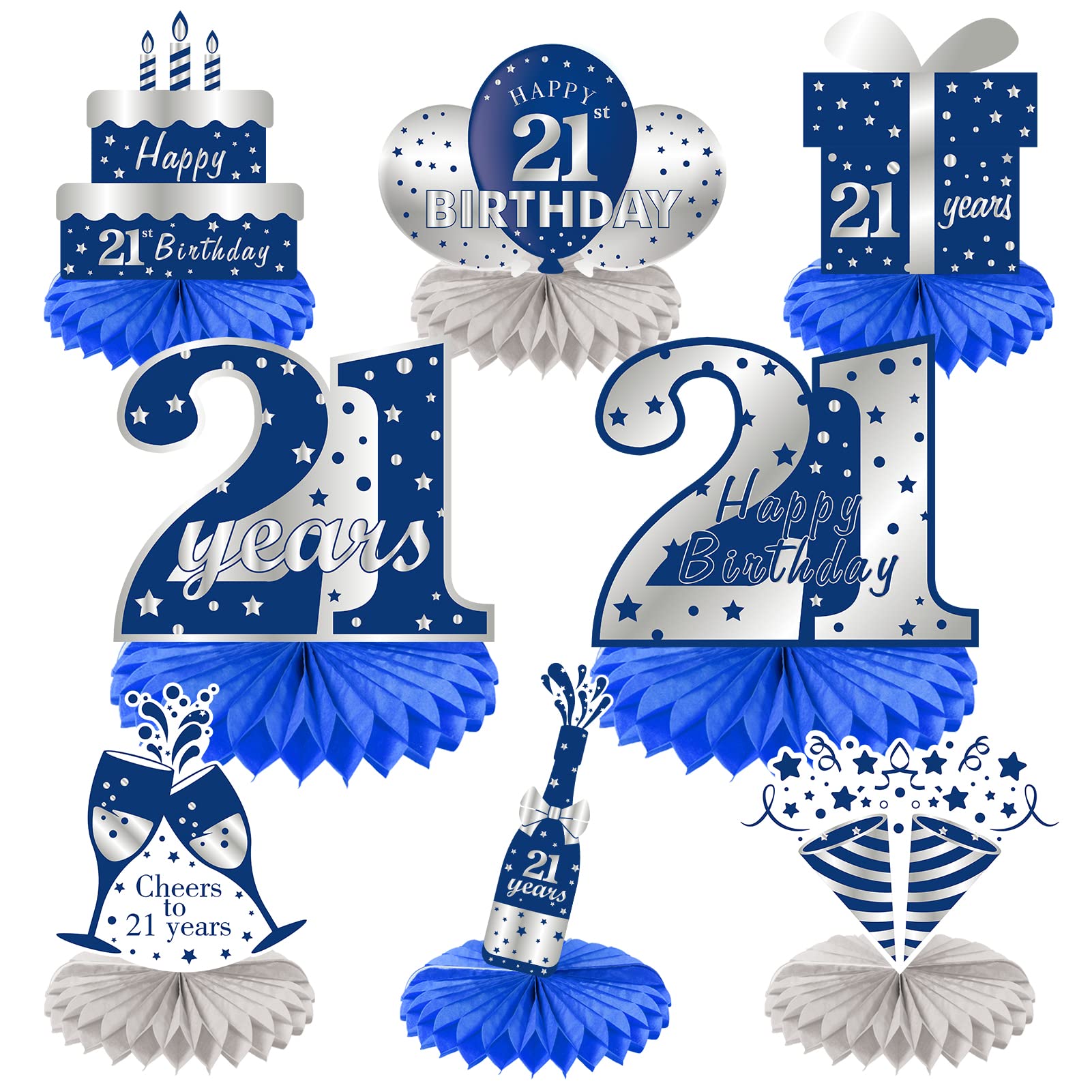 8Pcs Blue & Silver 21st Birthday Honeycomb Centerpieces Decorations for Men - Happy 21 Birthday Party Table Decorations, Twenty First Year Old Table Topper - Perfect for Adult Birthday Parties, Milestone Celebrations & Graduation Decor
