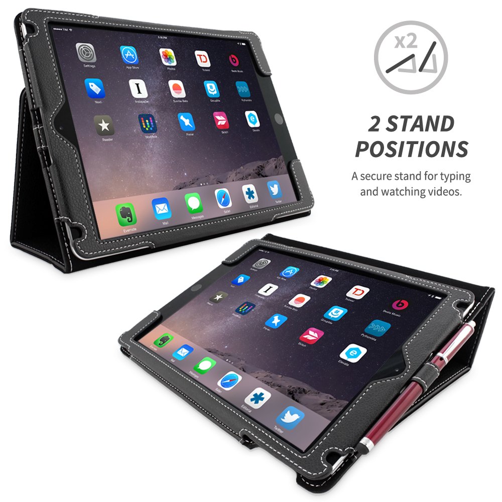 Premium Leather Smart Case for Apple iPad Air 2 - Snugg Executive Black Protective Cover with Auto Wake/Sleep Function & Flip Stand | Perfect for Business, Travel, and Home Use
