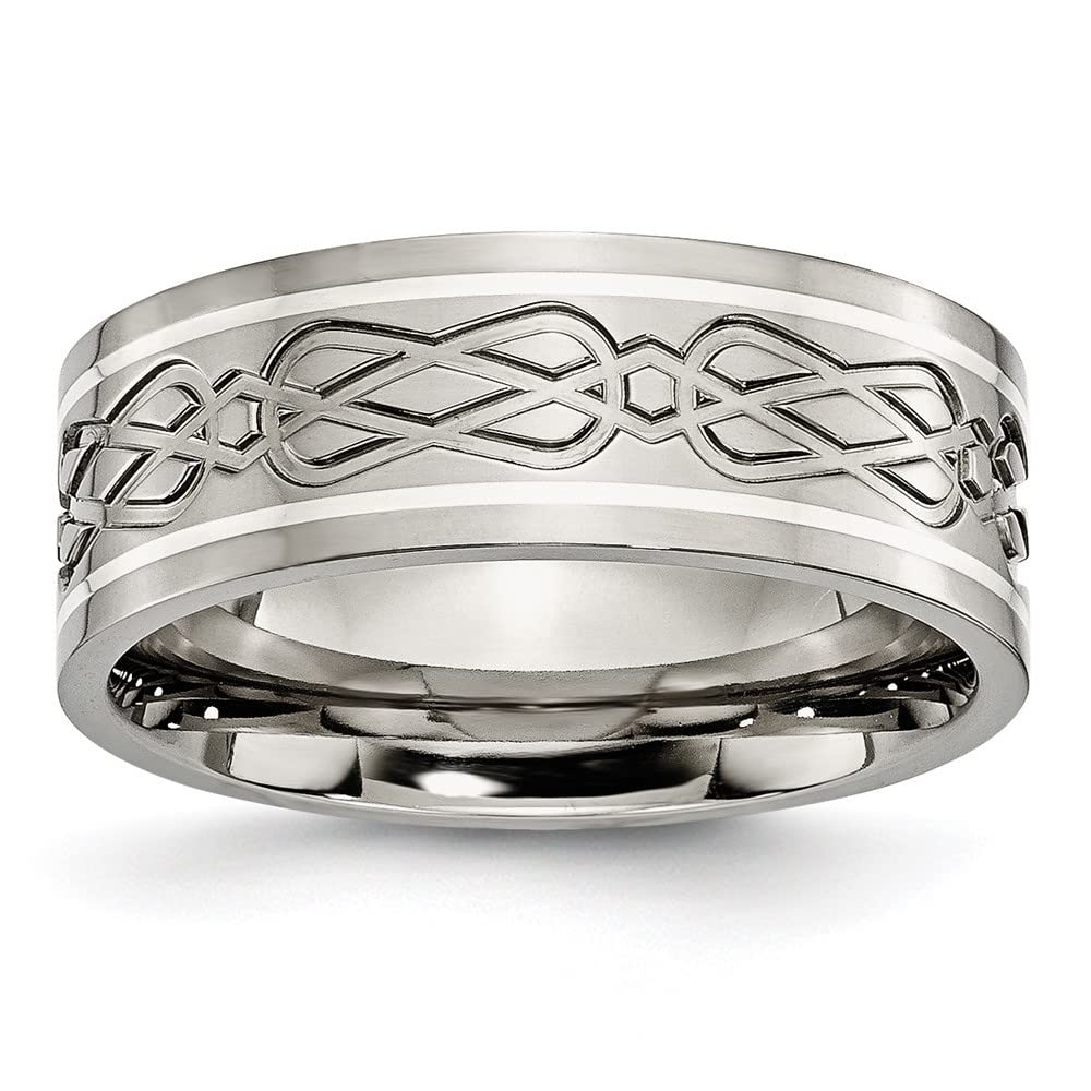Diamond2Deal Titanium & Silver 8mm Inlay Celtic Knot Flat Polished Wedding Band Ring for Men - Durable Comfort Fit Jewelry for Weddings, Anniversaries & Special Occasions