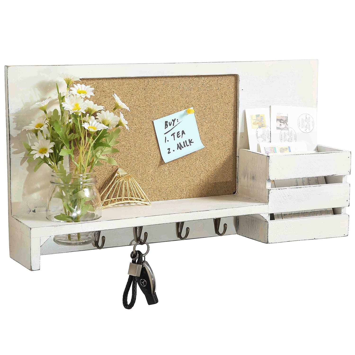 Vintage White Wood Wall Mounted Entryway Organizer with Corkboard, 4 Brass Hooks & Glass Vase - Mail Sorter, Key Holder & Home Decor for Hallway, Foyer & Apartment Entry