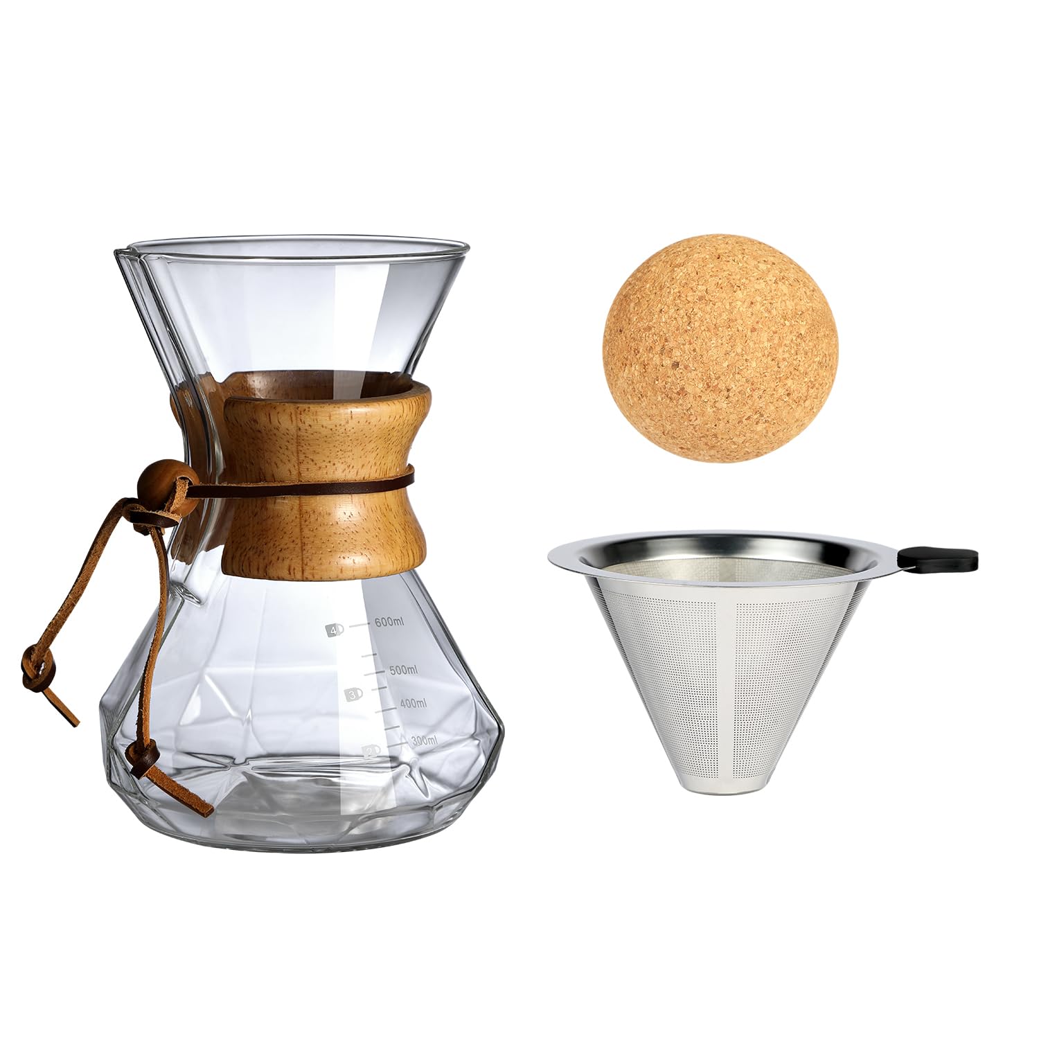 Premium Pour Over Coffee Maker with Wood Sleeve & Cork Stopper - 20oz/600ml Glass Dripper for Specialty Coffee Brewing - Perfect for Home, Office & Camping Use