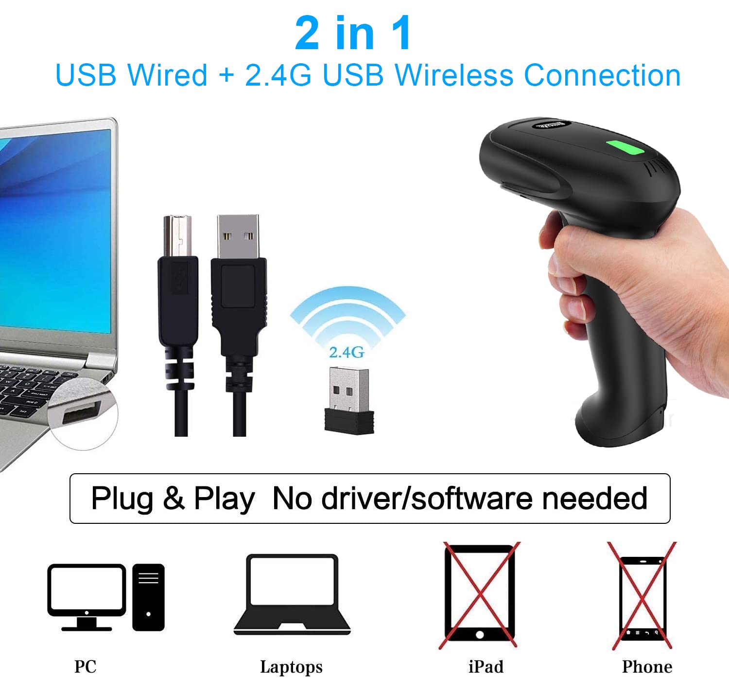 Symcode Wireless Barcode Scanner with Stand - 2-in-1 (2.4GHz Wireless + USB 2.0 Wired) Rechargeable Cordless 1D Barcode Reader for Retail, Warehouse & Inventory Management