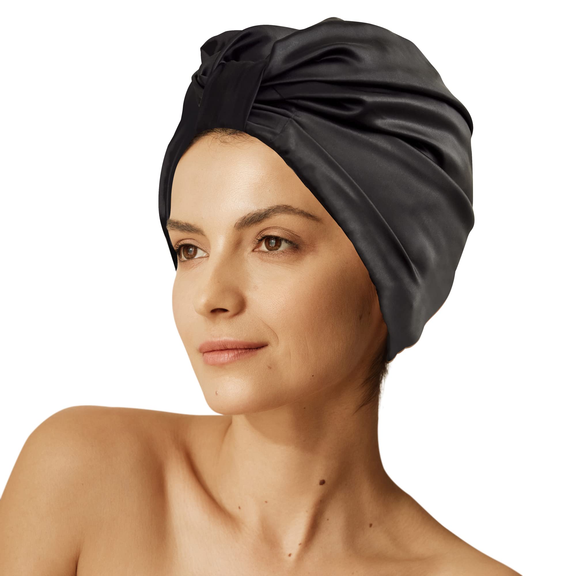 Sleep & Glow Luxury 100% Mulberry Silk Hair Turban for Sleeping - Double Layered Night Hair Bonnet for Healthy Shiny Hair (Black) - Perfect for Bedtime Hair Care & Travel