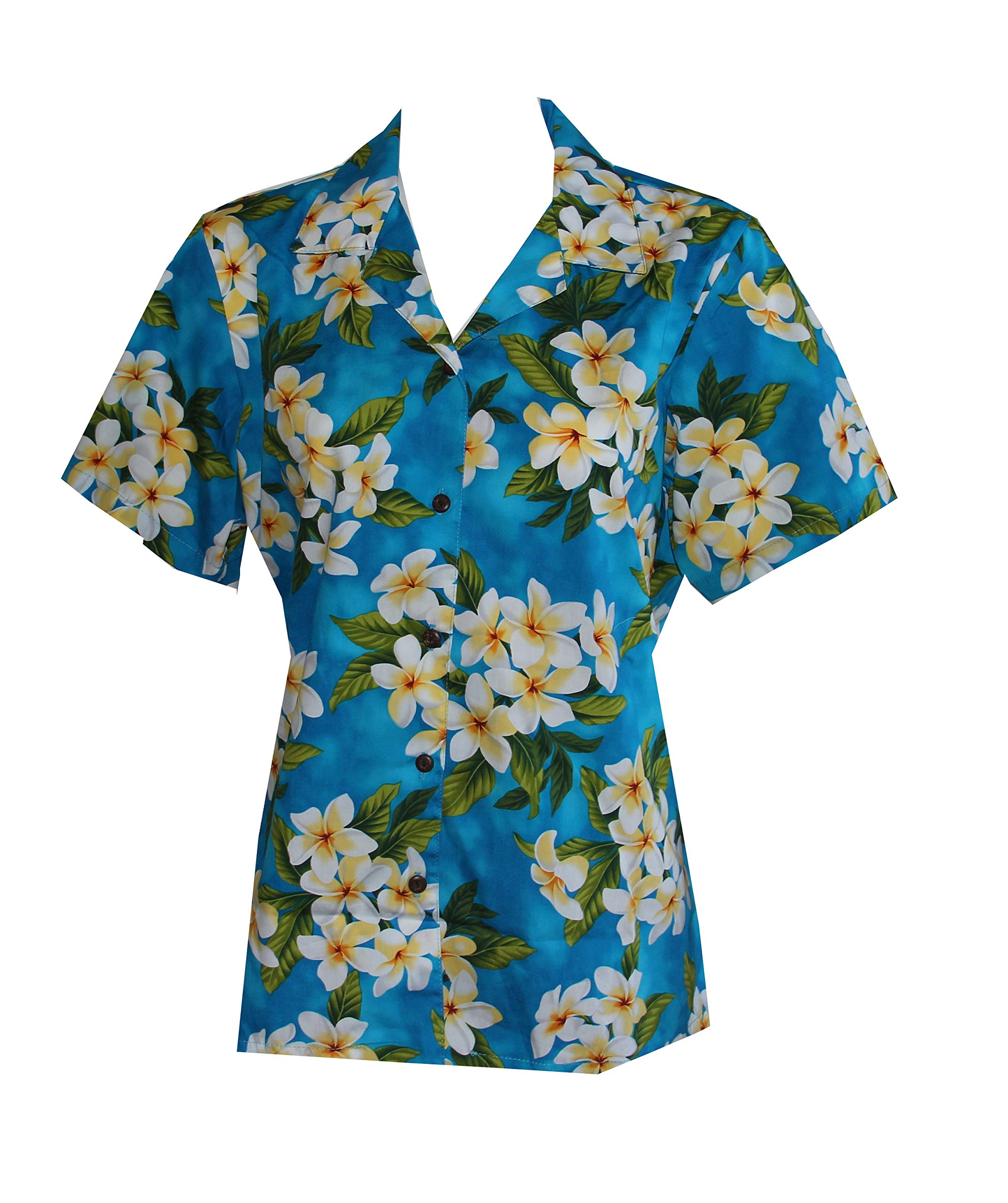 Hawaiian Aloha Camp Shirt for Women - Floral Plumeria Print Short Sleeve Shirt - Made in Hawaii - Perfect for Beach Vacations, Luau Parties & Summer Outfits