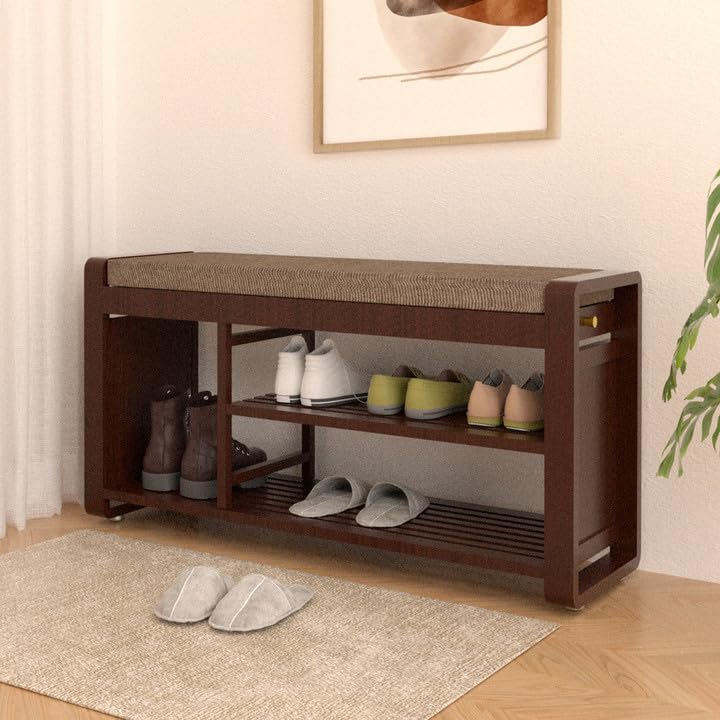 NURTUDIS Bamboo Shoe Rack Bench with Removable Cushion - 2-Tier Entryway Shoe Storage Organizer with Side Drawer & Hooks - Perfect for Living Room, Bedroom, Bathroom & Entryway Organization (Large Size) - Ideal for Small Space Storage & Home Decor