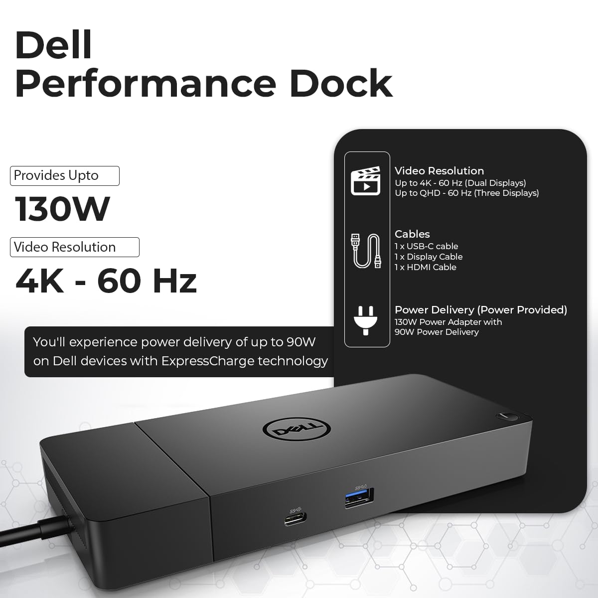 Refurbished Dell WD19S 130W Docking Station with 90W Power Delivery - Universal Laptop Dock Includes HDMI, DisplayPort & USB-C Cables + Microfiber Cloth | Perfect for Home Office, Remote Work & Multi-Monitor Setup