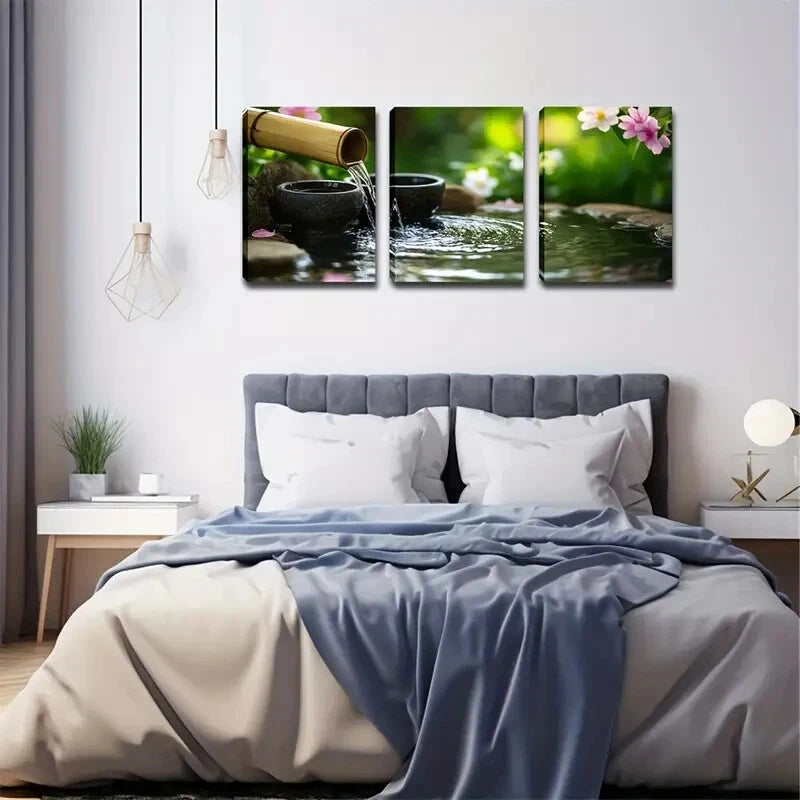 3-Piece Bamboo Flow Blooming Flowers Wall Art Set - Framed Canvas 50x70cm - High Quality Print - 100% Australian Made - Ready to Hang - Perfect for Living Room, Bedroom & Office Decor