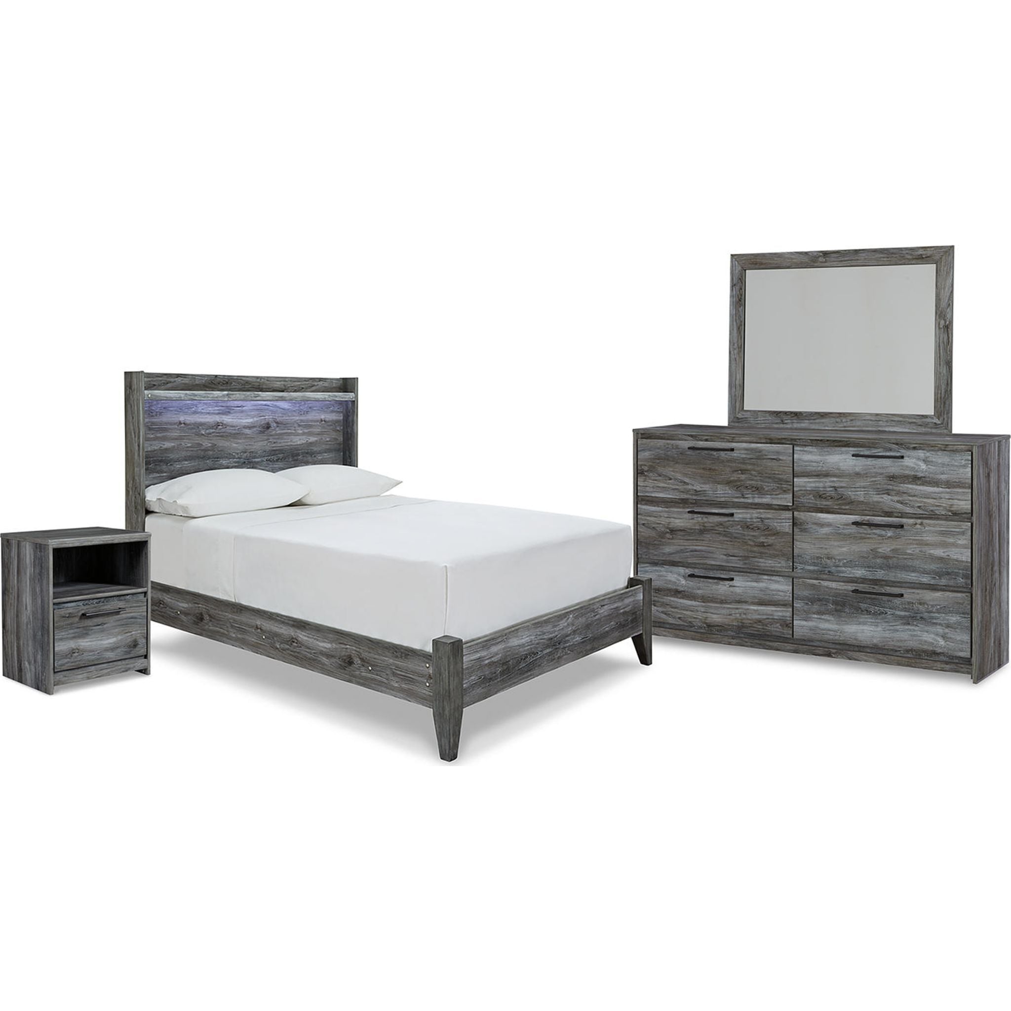 Baystorm 6-Piece Queen Size Bedroom Set with Upholstered Panel Headboard - Modern Gray Bed Frame, Nightstands & Dresser for Master Bedroom Decor