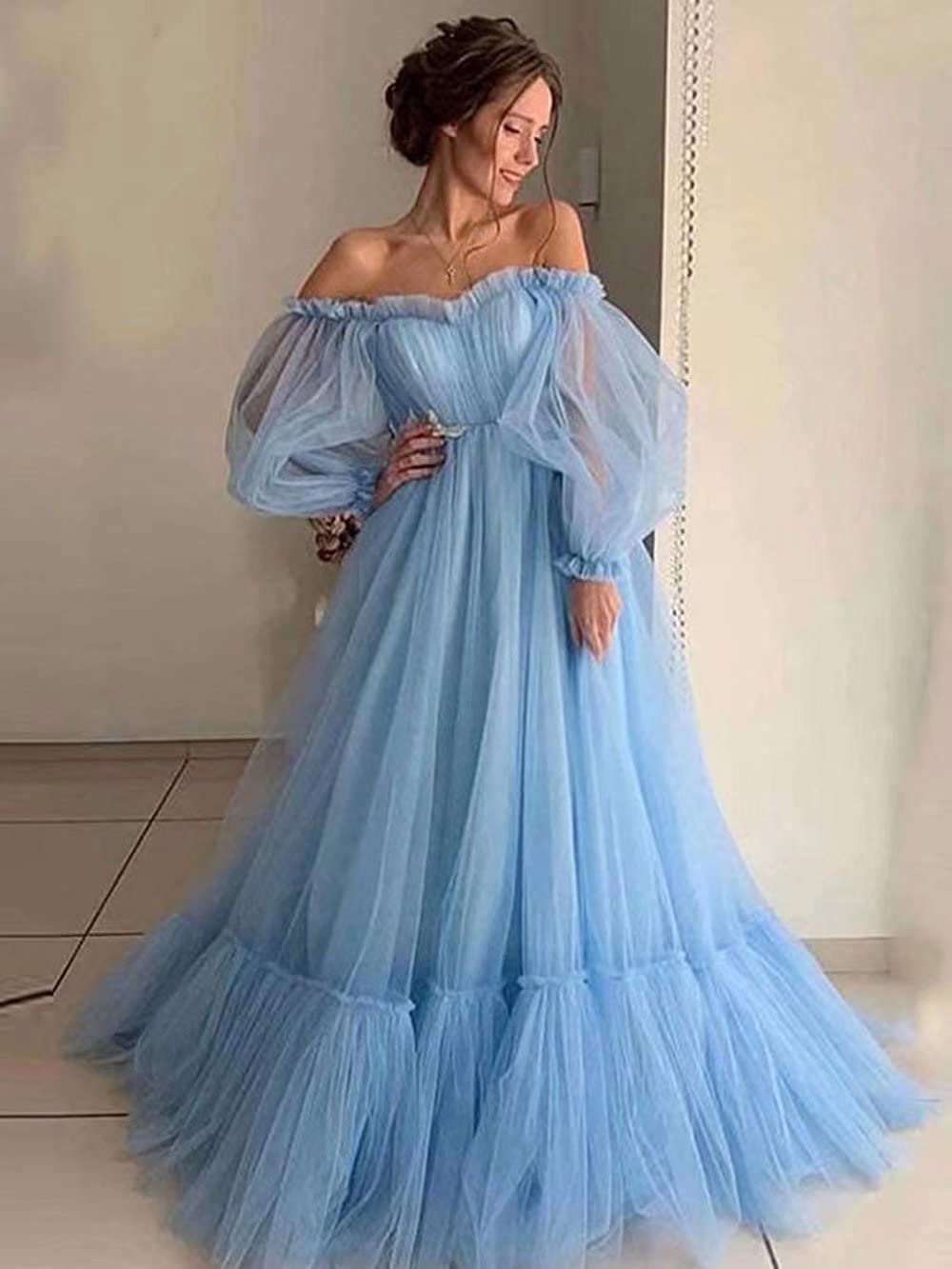 Asulla Long Puffy Sleeve Tulle Prom Dress - Off Shoulder Vintage Evening Gown for Women | Wedding, Party, Homecoming, Quinceañera, Formal Events