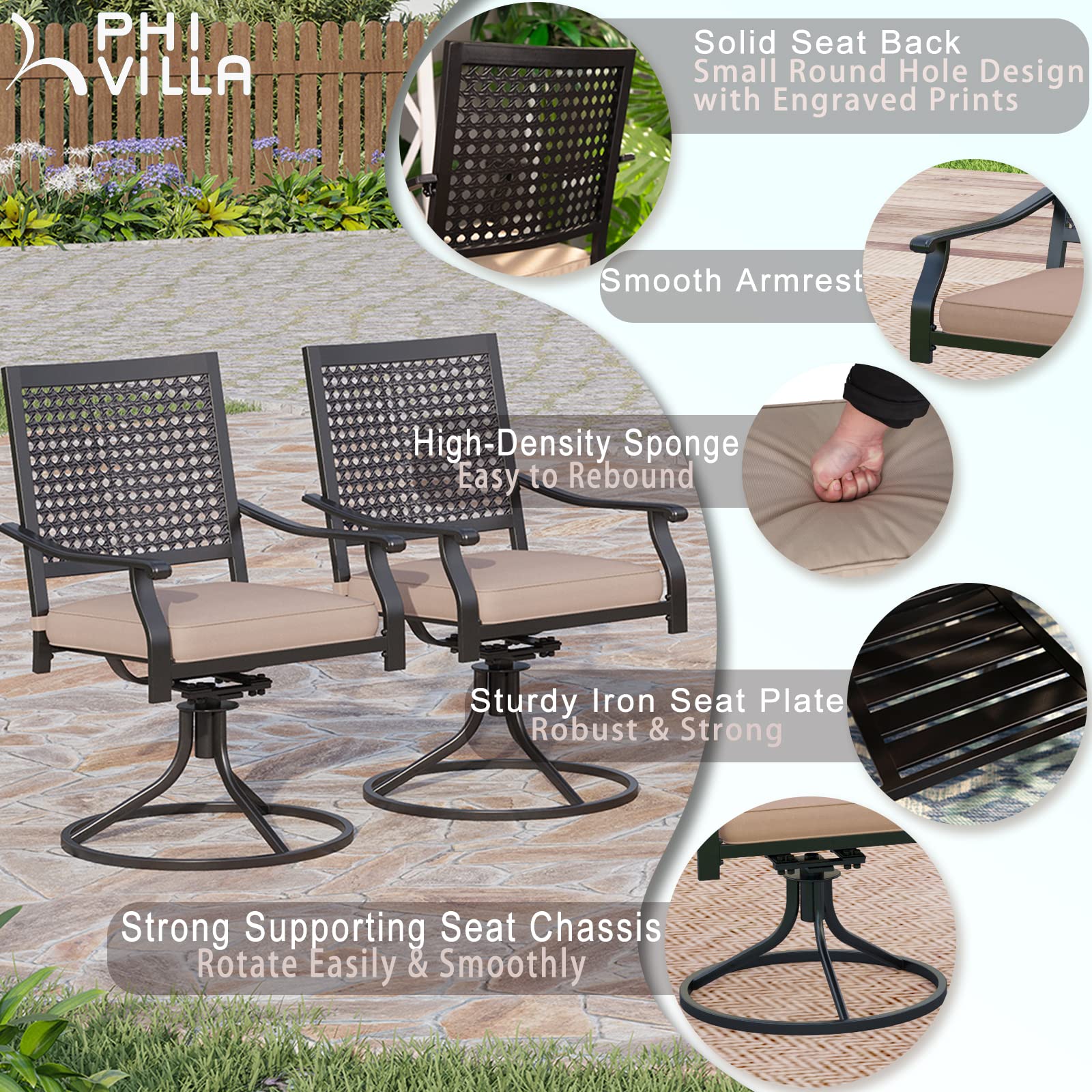 PHI VILLA 6-Piece Outdoor Dining Set - Modern Patio Table with Umbrella Hole & 6 Wrought Iron Swivel Chairs - Durable Metal Furniture for Backyard, Garden, Bistro - Perfect for Al Fresco Dining & Outdoor Entertaining