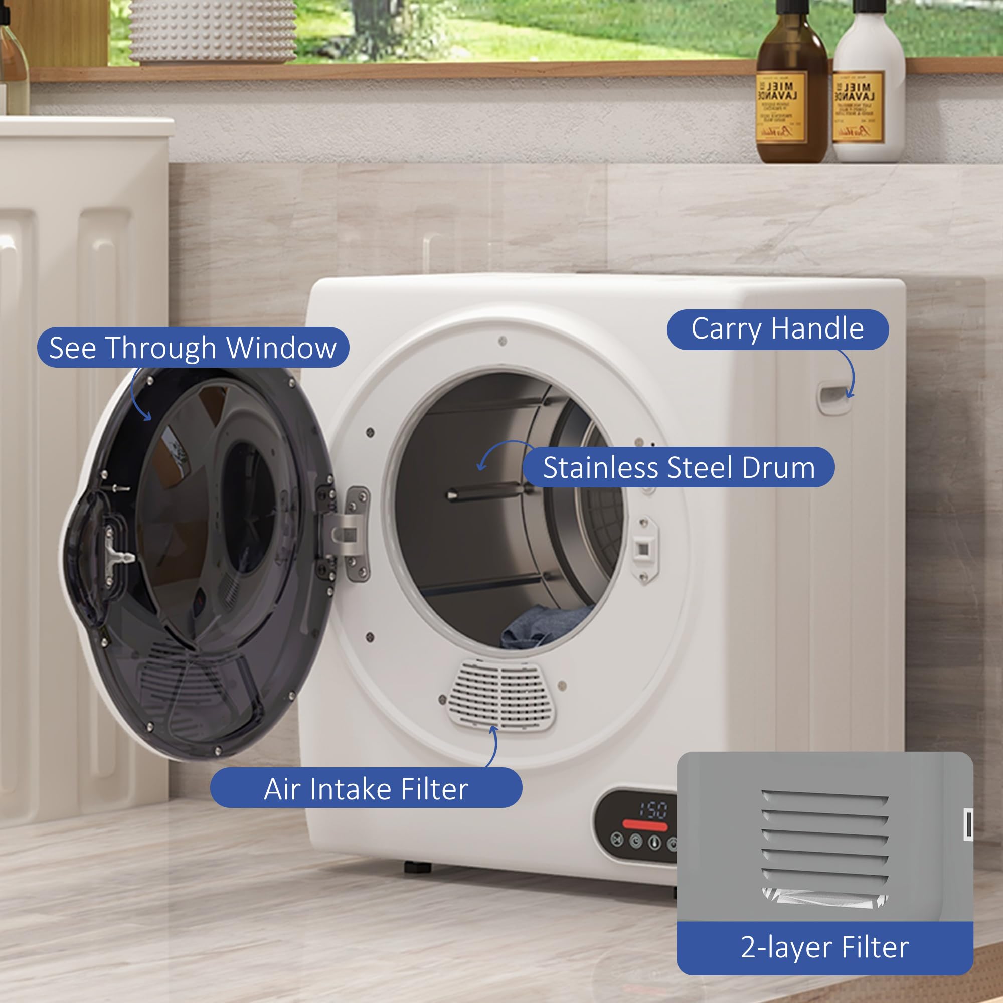 HOMCOM 1.5 cu.ft Portable Electric Clothes Dryer - Compact Stainless Steel Front Load Dryer with Intelligent Drying System, 850W 120V for Apartments, Dorms, RVs - Perfect for Small Spaces & Quick Laundry Drying - White
