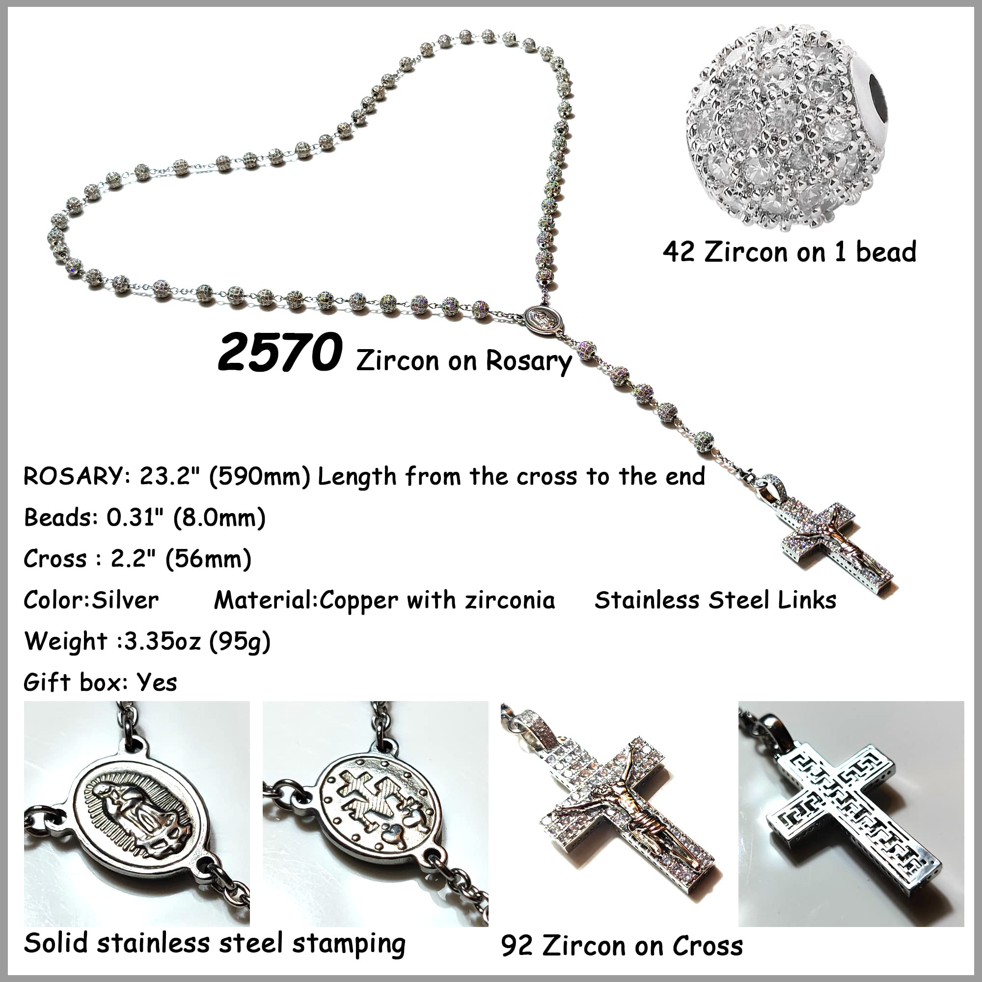 Premium Luxury Stainless Steel Rosary Beads with Zircon Cross - Catholic Prayer Chaplet for Devotion, Meditation & Religious Gifts - Perfect for Worship, First Communion & Spiritual Comfort