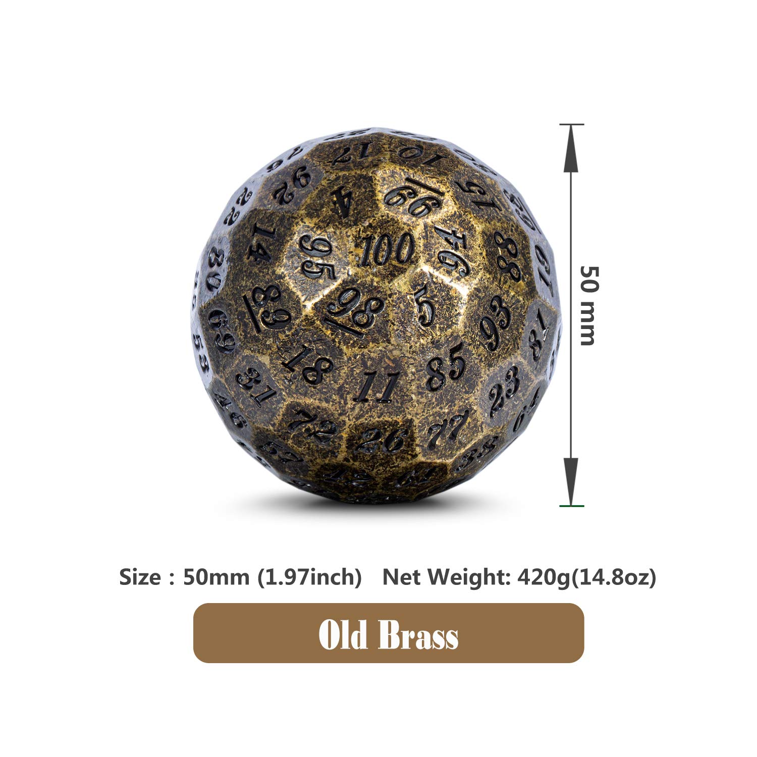 DNDND Old Brass D100 Dice - Metal 100-Sided Polyhedral Dice Set with Metal Case & Velvet Pouch (Black Numbers) - Perfect for Dungeons & Dragons, RPG Games, Tabletop Gaming, and Collectors