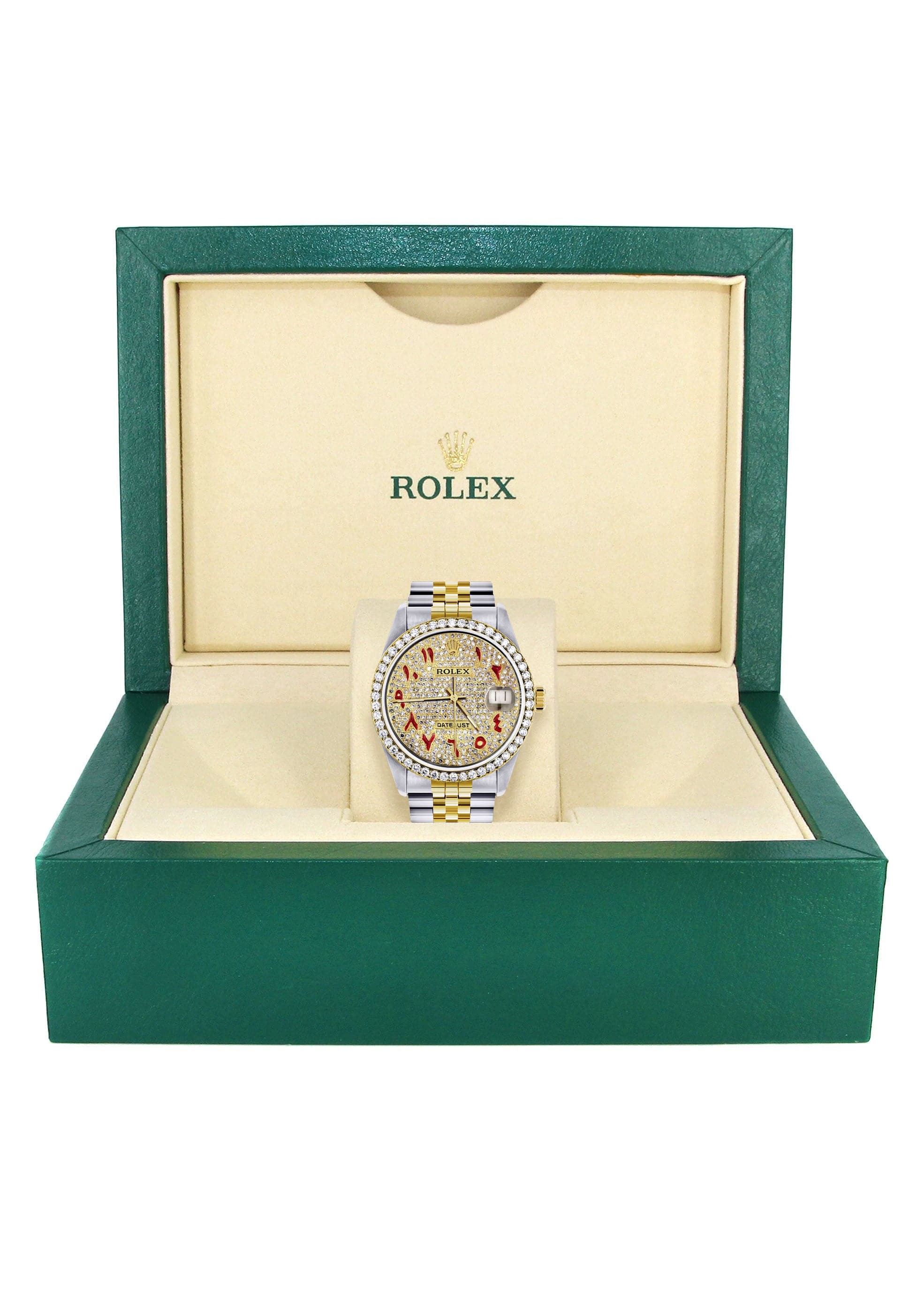 Luxury Diamond & Gold Rolex Watch for Men - Model 16233 | 36mm Stainless Steel | Custom Red Arabic Full Diamond Dial | Jubilee Bracelet | Perfect for Gifts, Weddings & Special Occasions