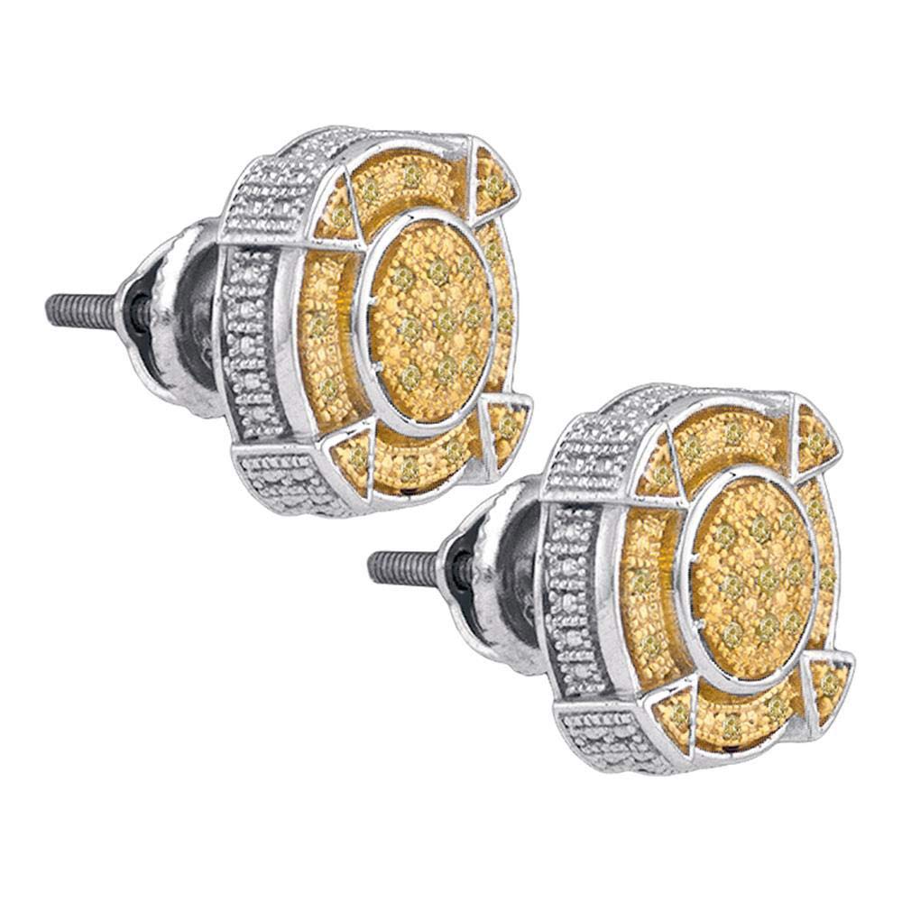 Men's Sterling Silver Round Yellow Enhanced Diamond Cluster Earrings - 1/6 Cttw - Perfect for Gifts, Weddings & Special Occasions