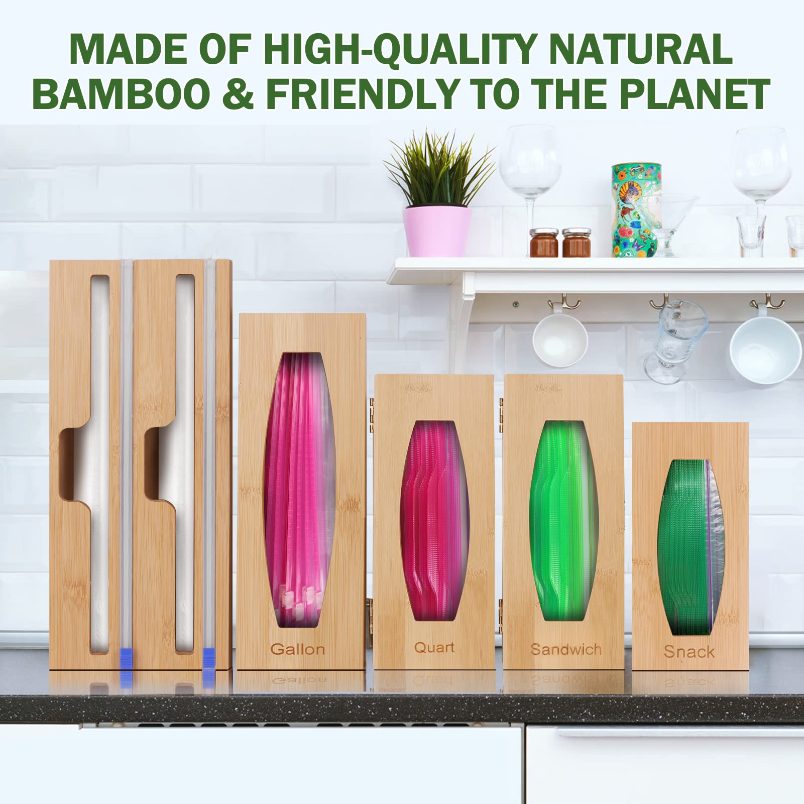 Bamboo Kitchen Drawer Organizer with Foil & Plastic Wrap Storage - Gallon, Quart, Sandwich & Snack Bags Organizer for Pantry, Fridge & Meal Prep