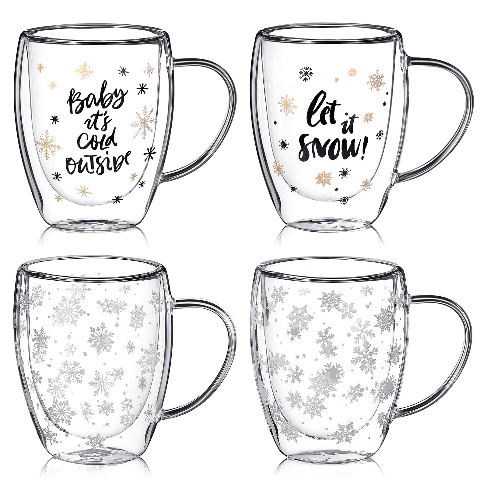Layhit 12 oz Christmas Glass Coffee Mugs Set of 4 - Clear Double-Wall Insulated Cups with Handle for Hot & Iced Beverages - Holiday Themed Snow Design - Perfect for Christmas Gifts, Home Decor, and Festive Coffee Drinks