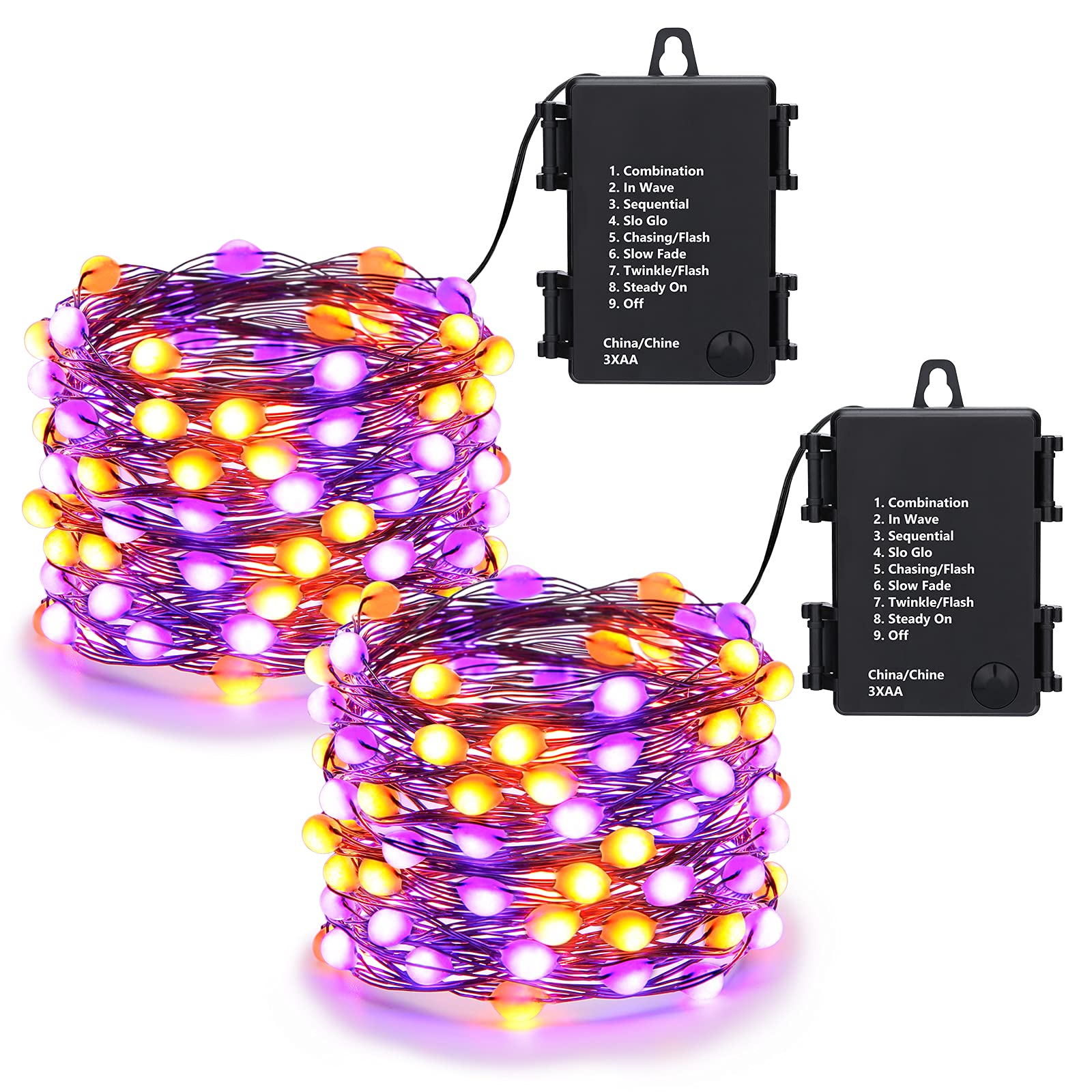 Lomotech Orange Purple Halloween Fairy Lights - 2 Pack 16.4ft 50 LED Battery Operated String Lights with Timer & 8 Modes | Waterproof Twinkle Lights for Halloween Party Decorations, Outdoor Decor, Christmas Tree, Bedroom, Garden & Wedding Decor (Black Wire)
