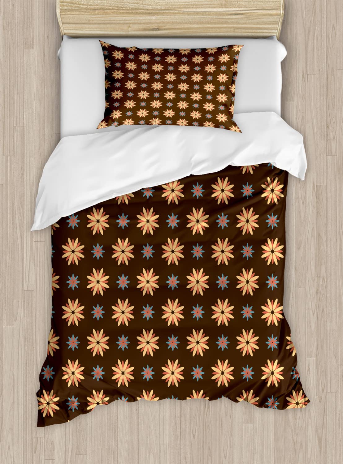 Ambesonne Brown Duvet Cover Set - Floral Print Twin Size Bedding Set with 2 Duvet Covers & 2 Pillowcases, Dark Brown Vermilion - Perfect for Spring Summer Decor in Bedroom, Living Room or Dorm