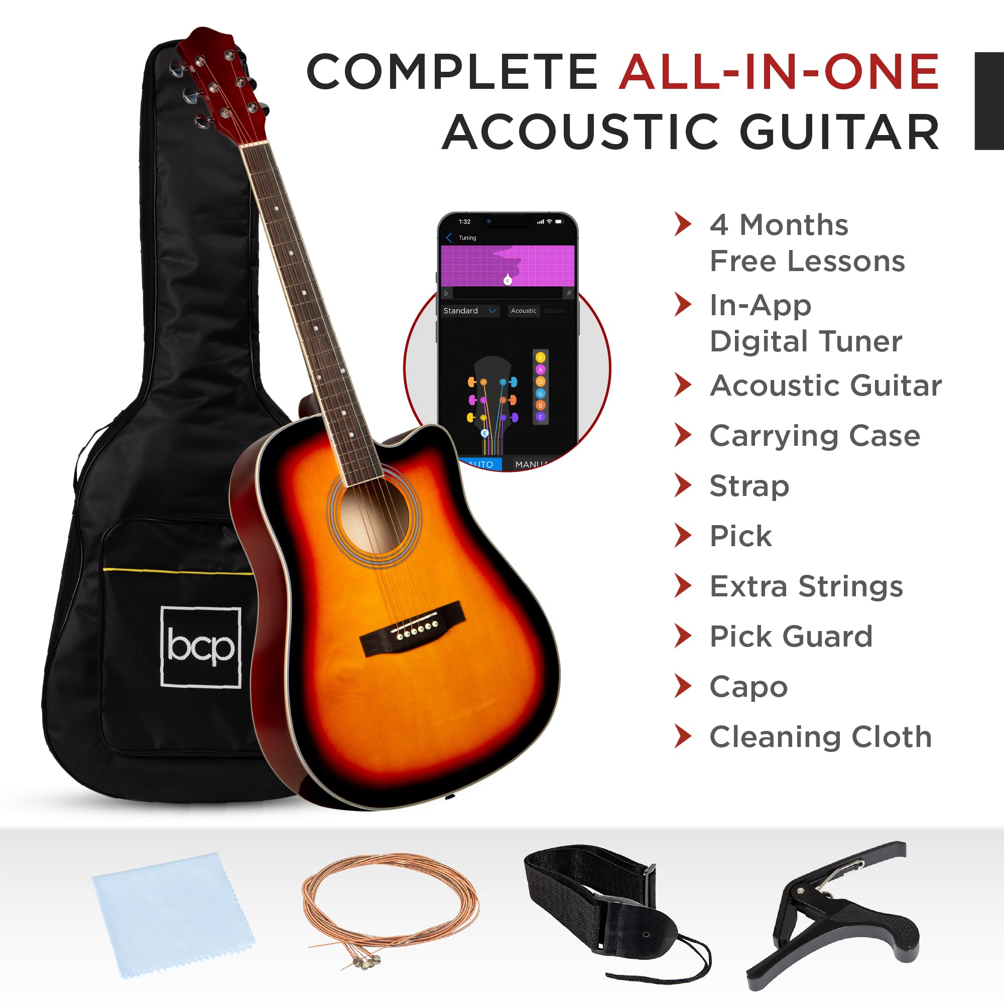 Best Choice Products 41-inch Full Size Beginner Acoustic Guitar Set - All Wood Cutaway Design with Case, Strap, Capo, Strings & Picks (Sunburst) | Perfect for Learning, Practice & Live Performances