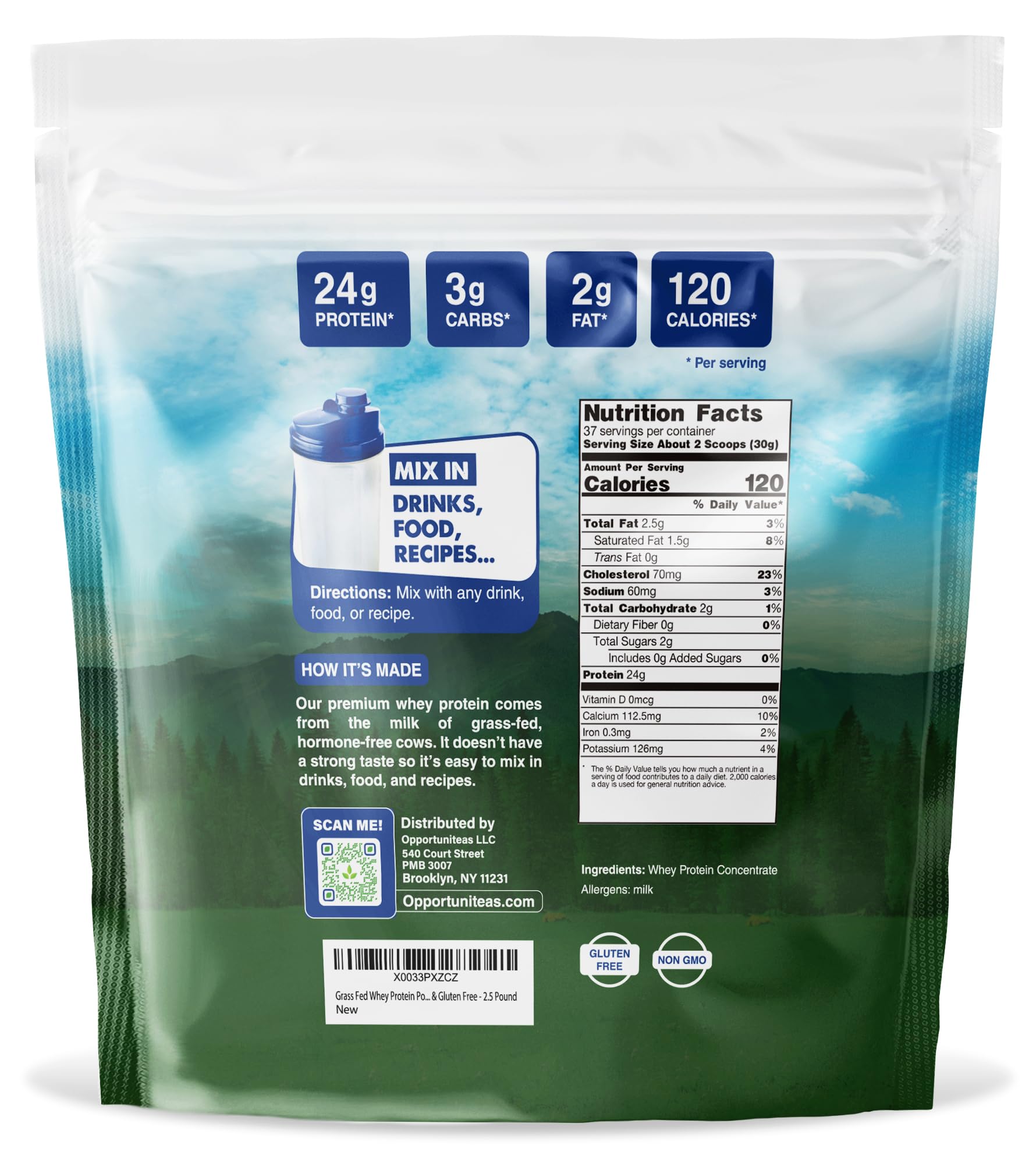 Grass Fed Whey Protein Powder Concentrate - Pure 1-Ingredient Protein Supplement for Smoothies, Shakes & Baking | Non-GMO, Hormone Free, Gluten Free | 2.5 lbs | Post-Workout Recovery & Healthy Meal Replacement
