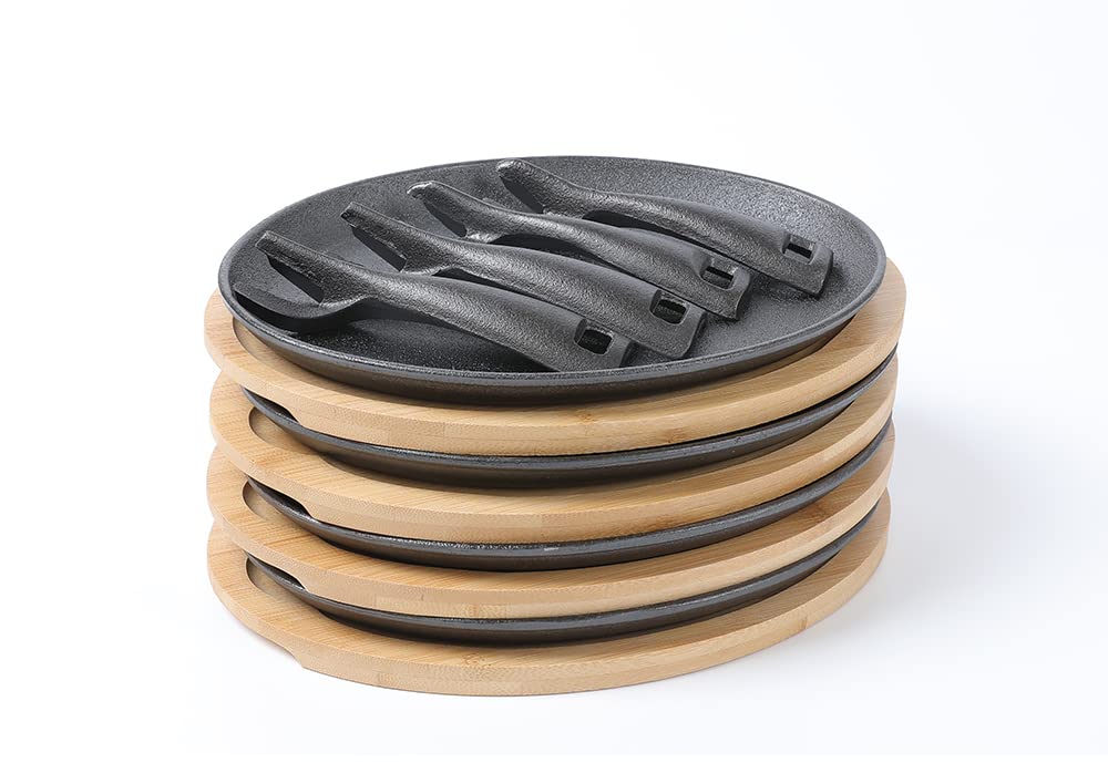 HAWOK 4-Piece Cast Iron Fajita Pan Set with Bamboo Tray & Handle - Authentic Mexican Skillet for Sizzling Fajitas, Steak & Vegetables - Perfect for Outdoor Grilling, Camping & Family Dinners