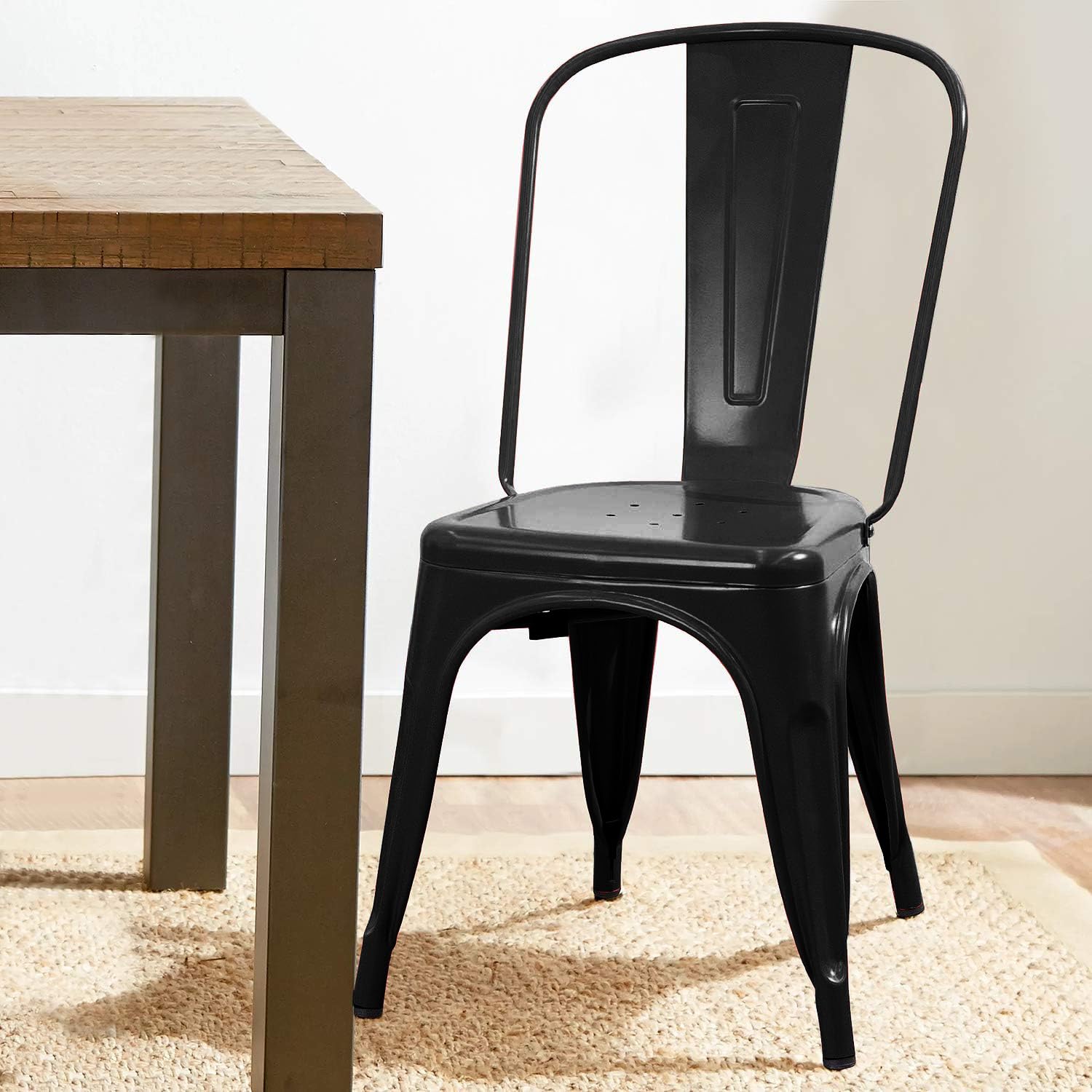 Devoko 4-Piece Stackable Metal Indoor/Outdoor Dining Chairs - Distressed Black Kitchen Side Chairs with Backrest | Perfect for Patio, Restaurant, Cafe & Home Decor