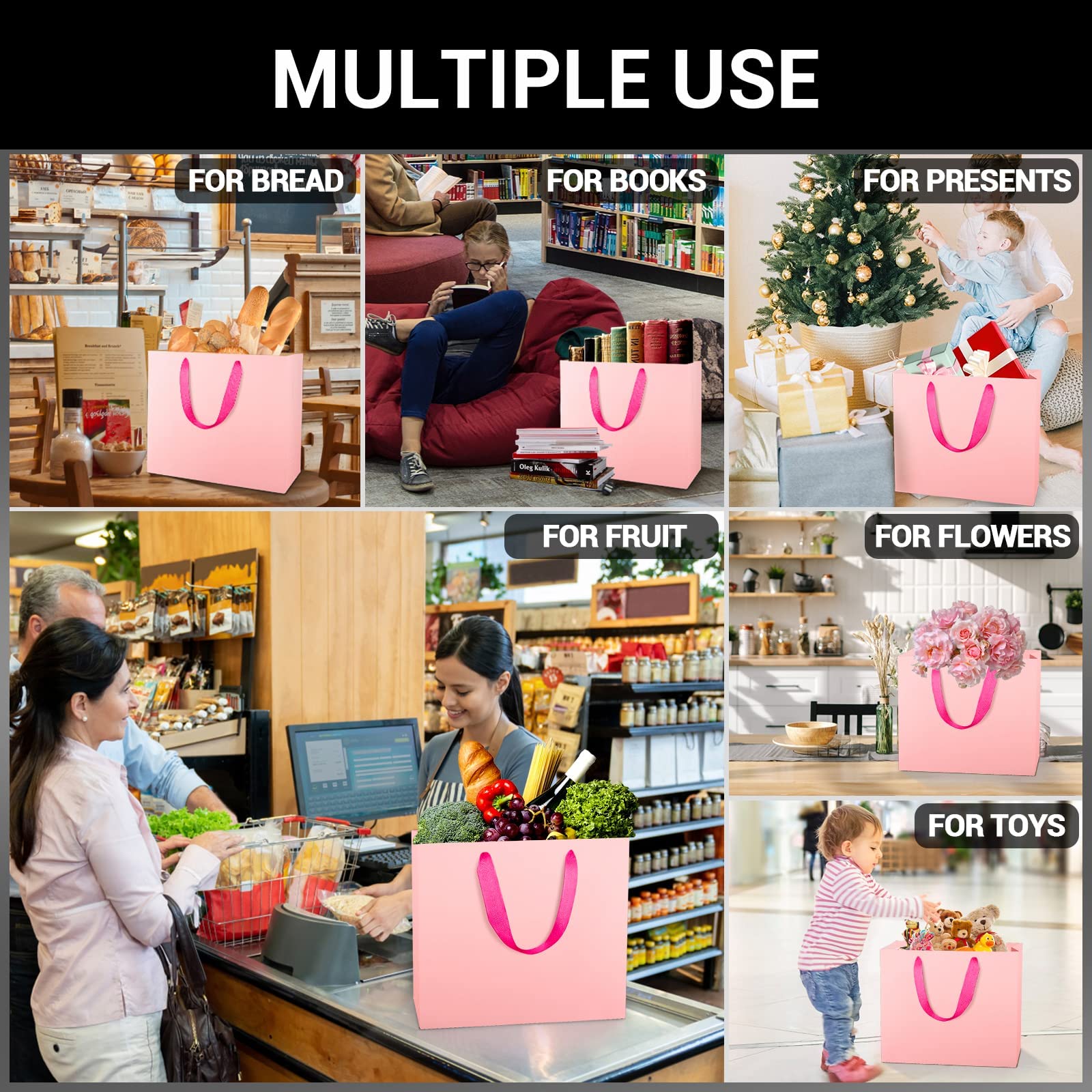 EUSOAR Kraft Paper Gift Bags 30pcs - 3 Sizes Eco-Friendly Pink Recycled Paper Bags with Handles for Birthday Presents, Party Favors, Business Gifts & Craft Packaging