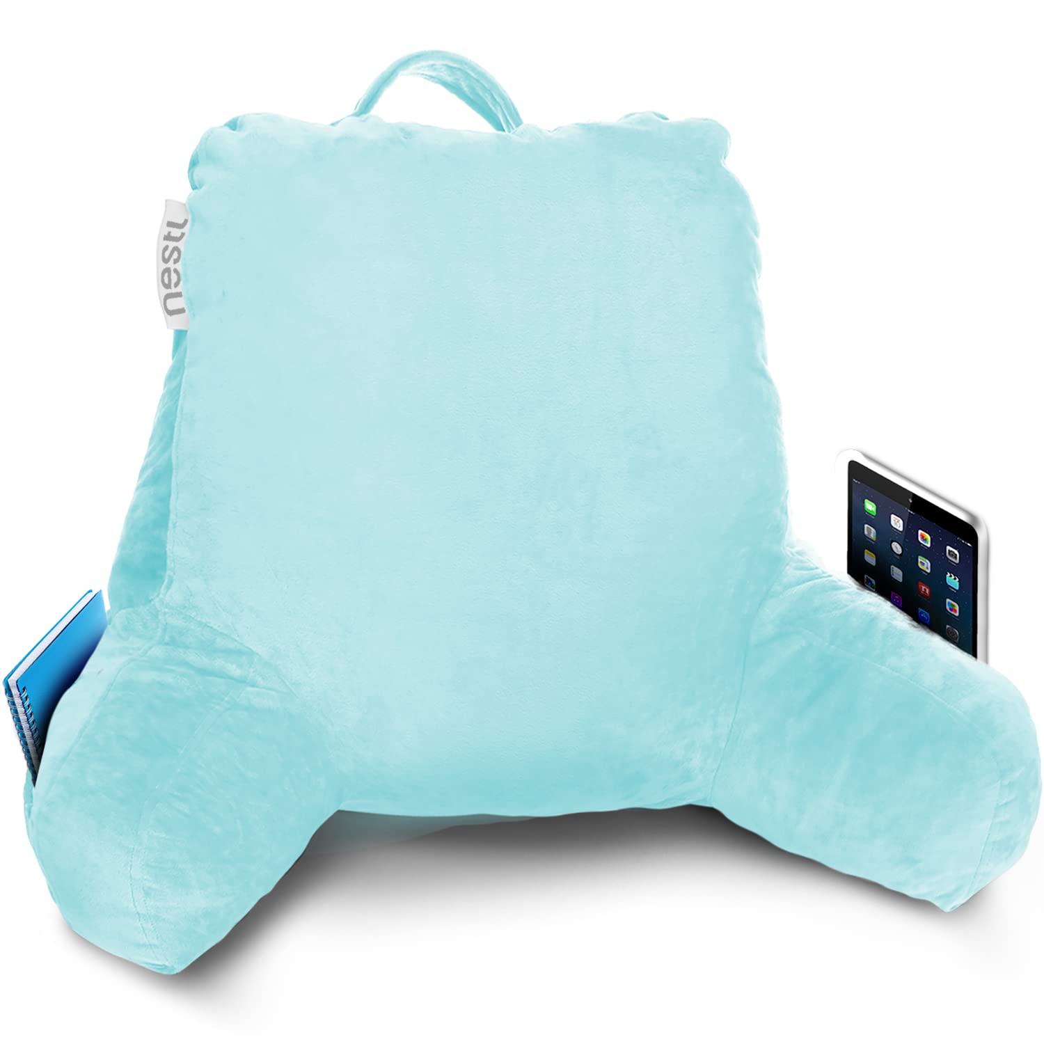 Nestl Reading Pillow with Shredded Memory Foam - Standard Bed Pillow for Back Support, Sitting in Bed, Reading & Relaxing - Light Blue Backrest Pillow with Pockets - Perfect for Bed, Chair, Sofa & Arm Support - Ideal for Reading, Watching TV, Nursing & Lounging