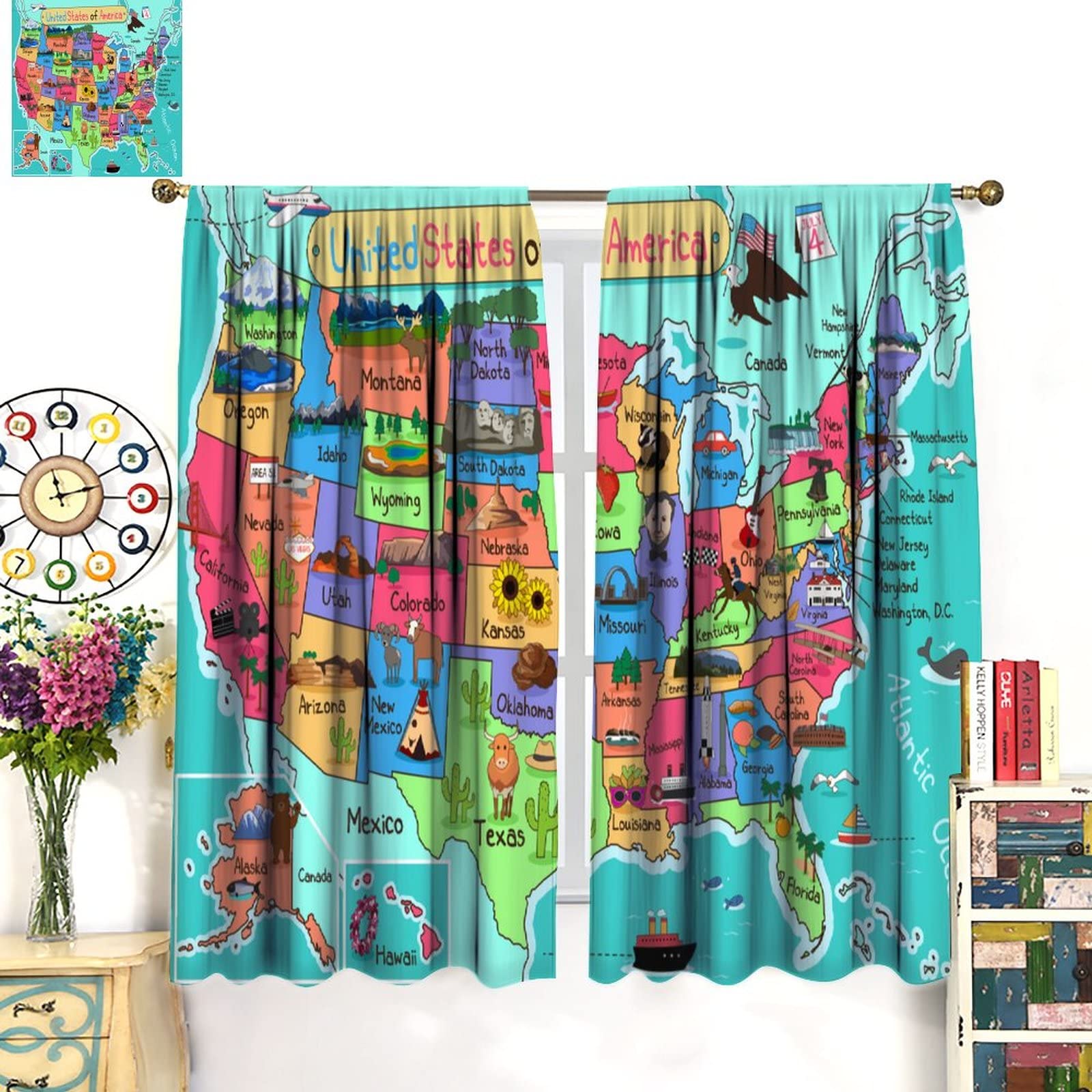 Kids USA Map Curtains - Fun Geography Educational Window Drapes for Boys & Girls Bedroom, Nursery, Living Room Decor - 2 Panel Set 42x54 Inches - Perfect for Learning American States & Home Schooling Decor