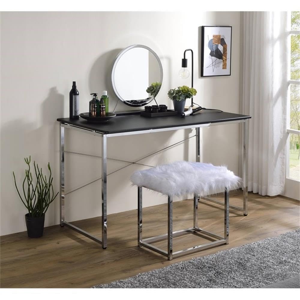 Acme Tennos Vanity Desk with Black & Chrome Finish - Modern Dressing Table for Bedroom Makeup & Skincare Routine