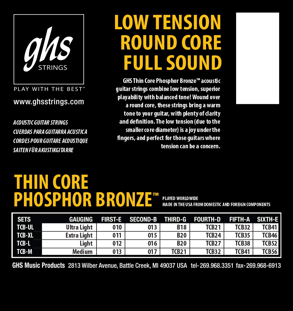GHS Strings Thin Core Phosphor Bronze Acoustic Guitar Strings - Extra Light 11-46 Gauge (TCB-XL) | Warm Balanced Tone for Fingerstyle & Strumming | Perfect for Beginners & Professional Musicians