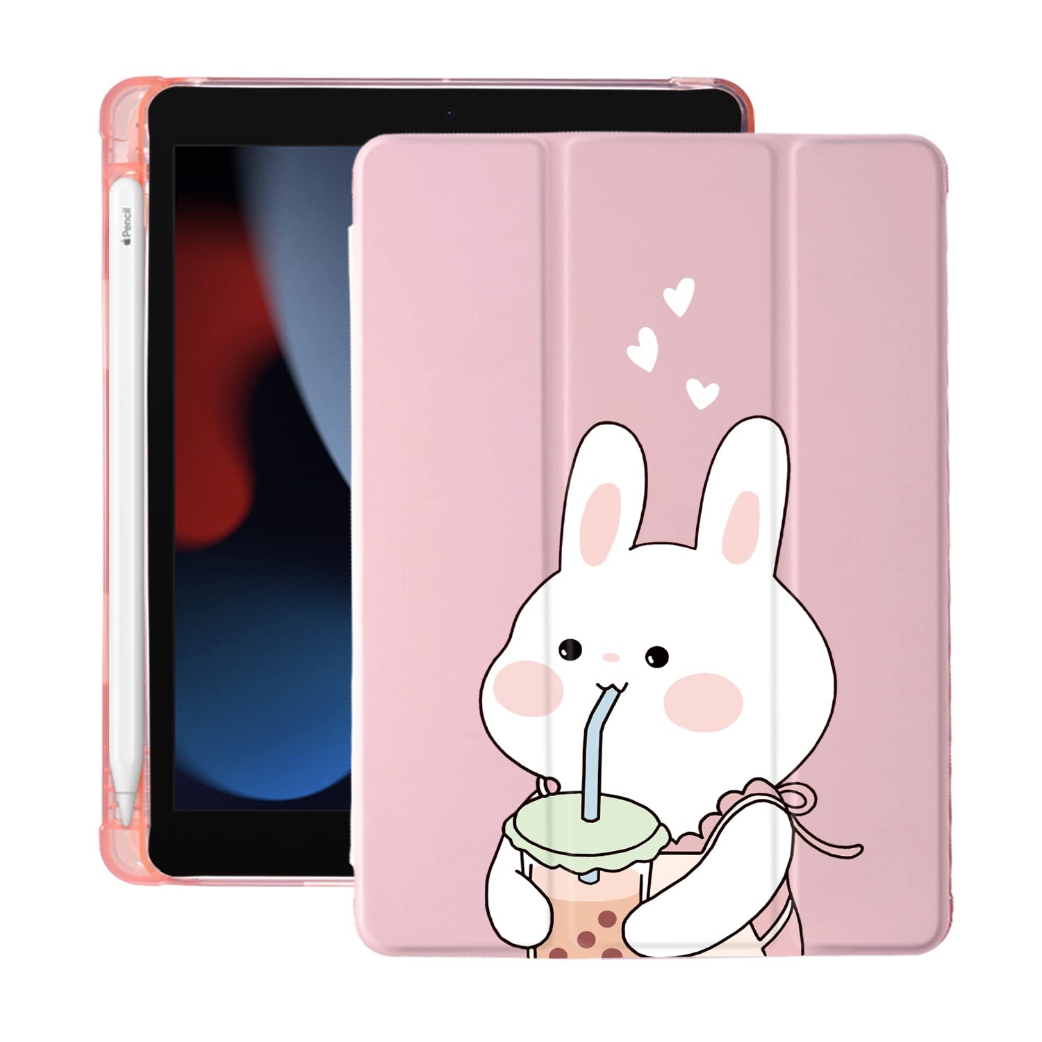 Premium Cute Kawaii Bunny iPad Pro 12.9 Case (5th/6th Gen 2020-2022) - Pink Leather Soft TPU Back Cover with Pencil Holder & Auto Sleep/Wake - Perfect for Work, School & Travel Protection
