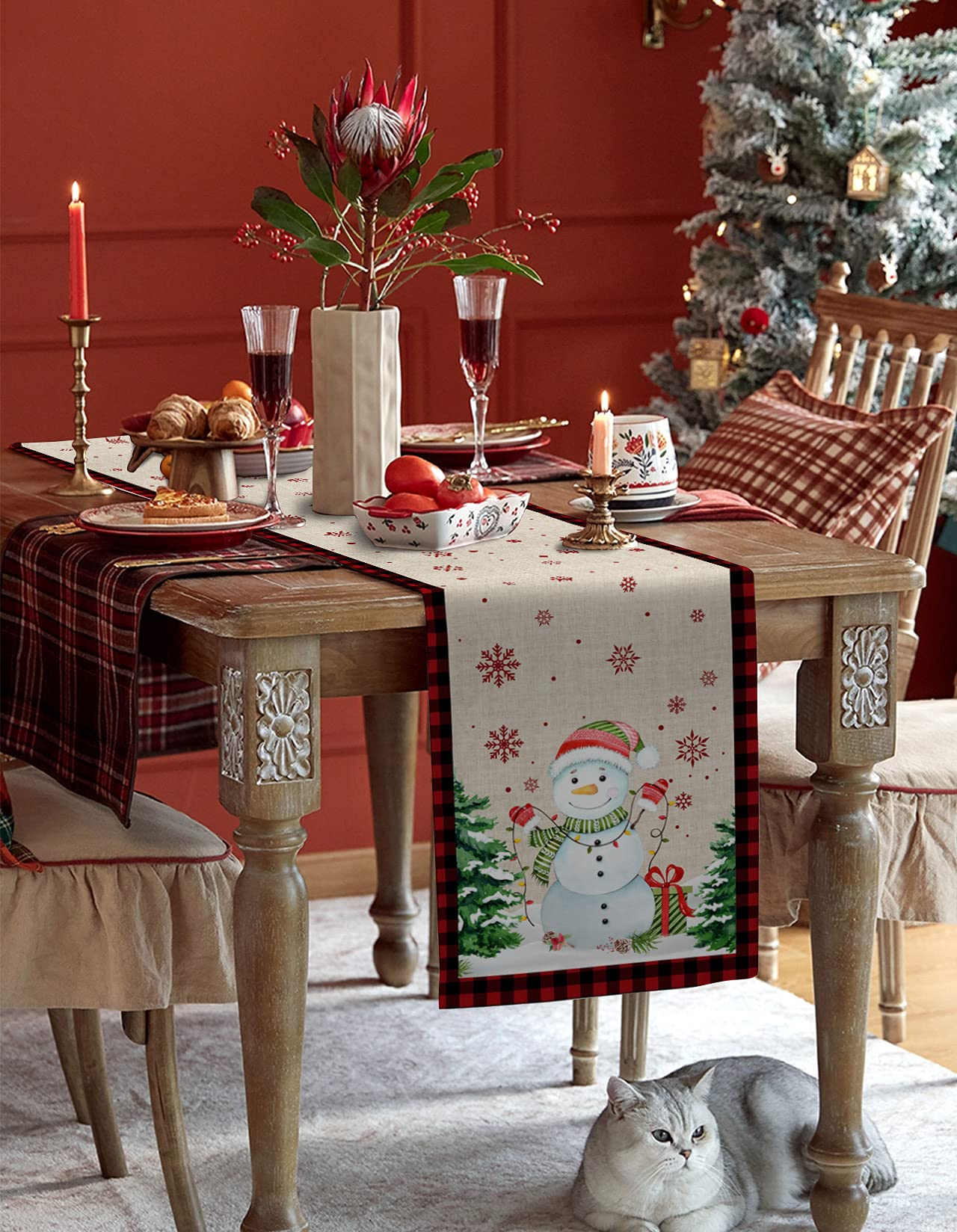 120 Inch Snowman Christmas Table Runner - Burlap Linen Dining Table Decor with Xmas Tree & Snowflake Design for Farmhouse, Wedding, Banquet & Holiday Party Decorations | Perfect for Coffee Tables, Dressers & Festive Home Decor