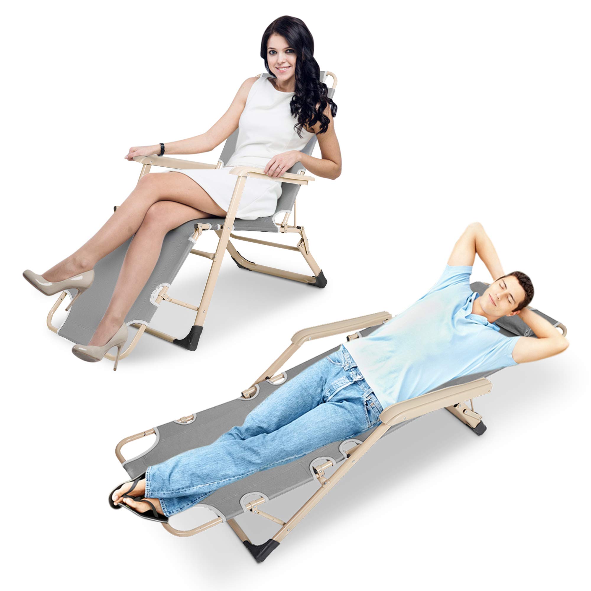 4-Pack Lightweight Folding Chaise Lounge Chairs for Outdoor Patio - Adjustable Recliner with Footrest & Removable Pillow, Grey - Perfect for Poolside, Beach, Backyard Relaxation and Sunbathing