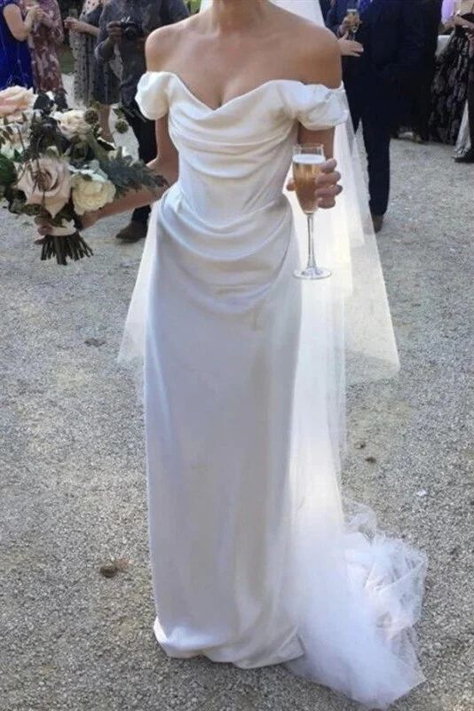 Elegant Off-The-Shoulder A-Line Wedding Dress in Satin - Perfect for Bridal, Prom & Formal Events (Style J3709) | Romantic Ceremonies & Special Occasions