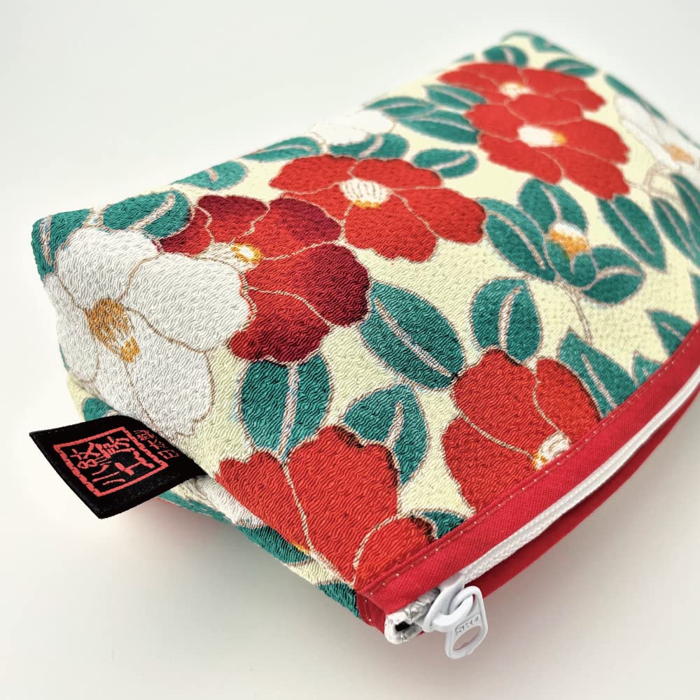 Edo Komon Design Small Makeup Bag for Purse - Japanese Traditional Cosmetic Pouch with Camellia Flower Pattern (Ivory) | Perfect for Travel, Daily Use & Gift Giving
