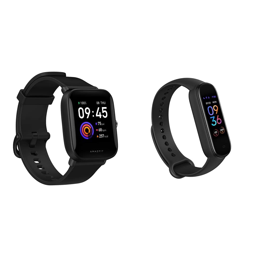 Amazfit Bip U Smart Watch & Band 5 Fitness Tracker - Alexa Built-in, 15-Day Battery, Blood Oxygen/Heart Rate/Sleep Monitor, Waterproof, Black (Model S2005OV1N) | Perfect for Running, Gym Workouts & Daily Health Tracking