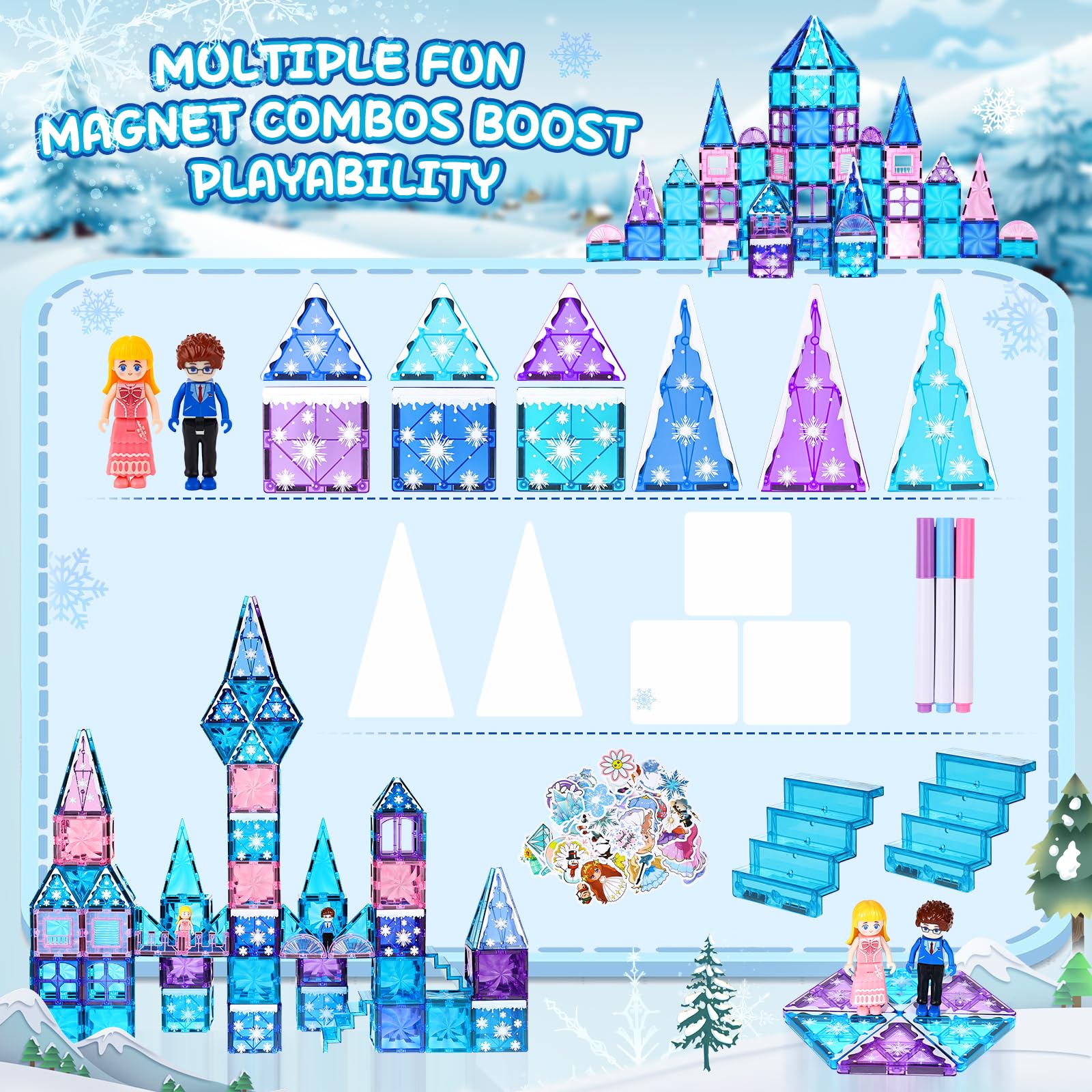 145pcs Frozen Castle Magnetic Tiles Set with Magnetic Doodle Kit - STEM Educational Toys for Girls Ages 3-12 | Includes Stairs, Dolls, Decals & Stickers | Perfect Birthday & Christmas Gift for 3-8 Year Old Girls | Creative Building & Drawing Play for Home & Classroom